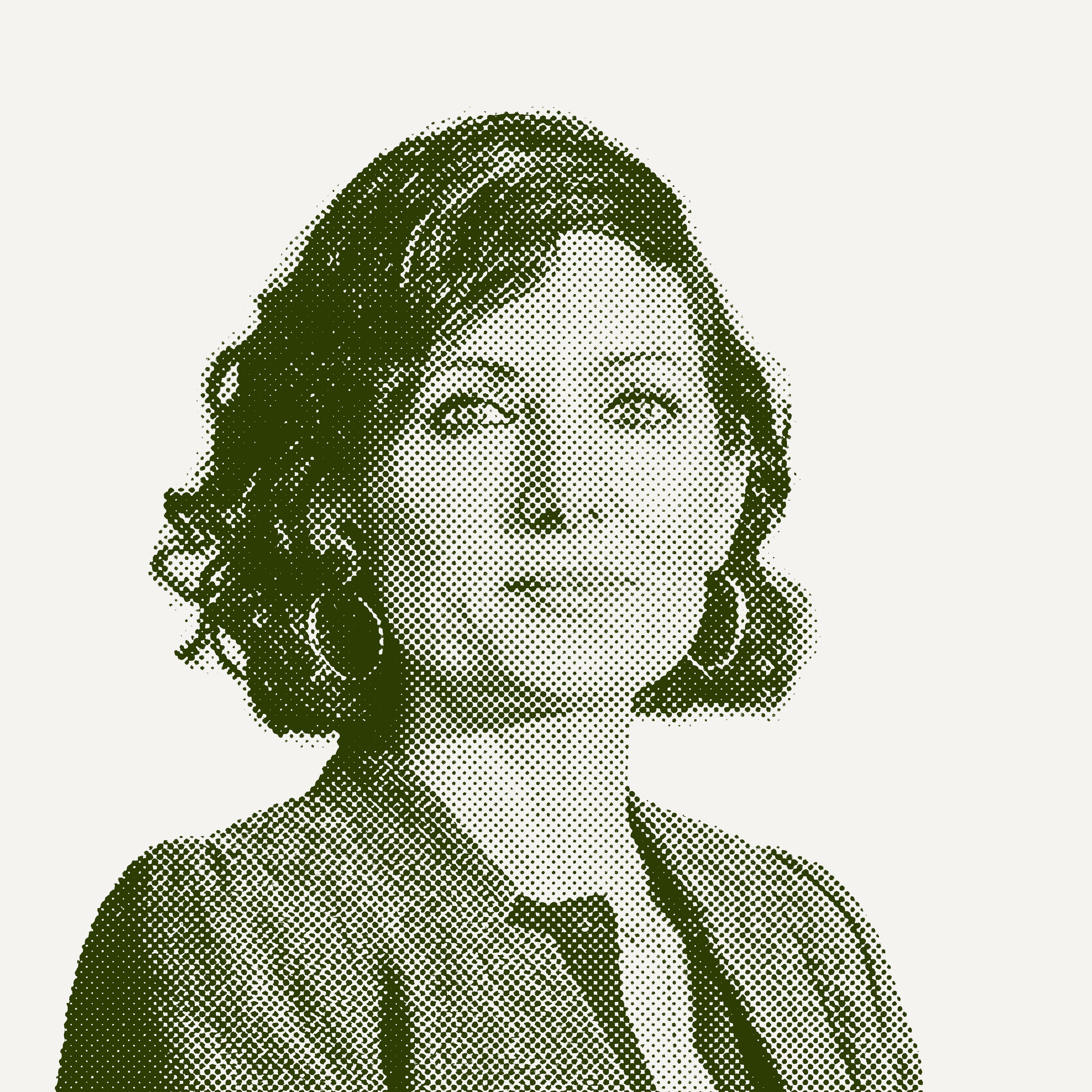 Halftone style portrait of a woman with long hair, smiling, wearing a collared shirt.