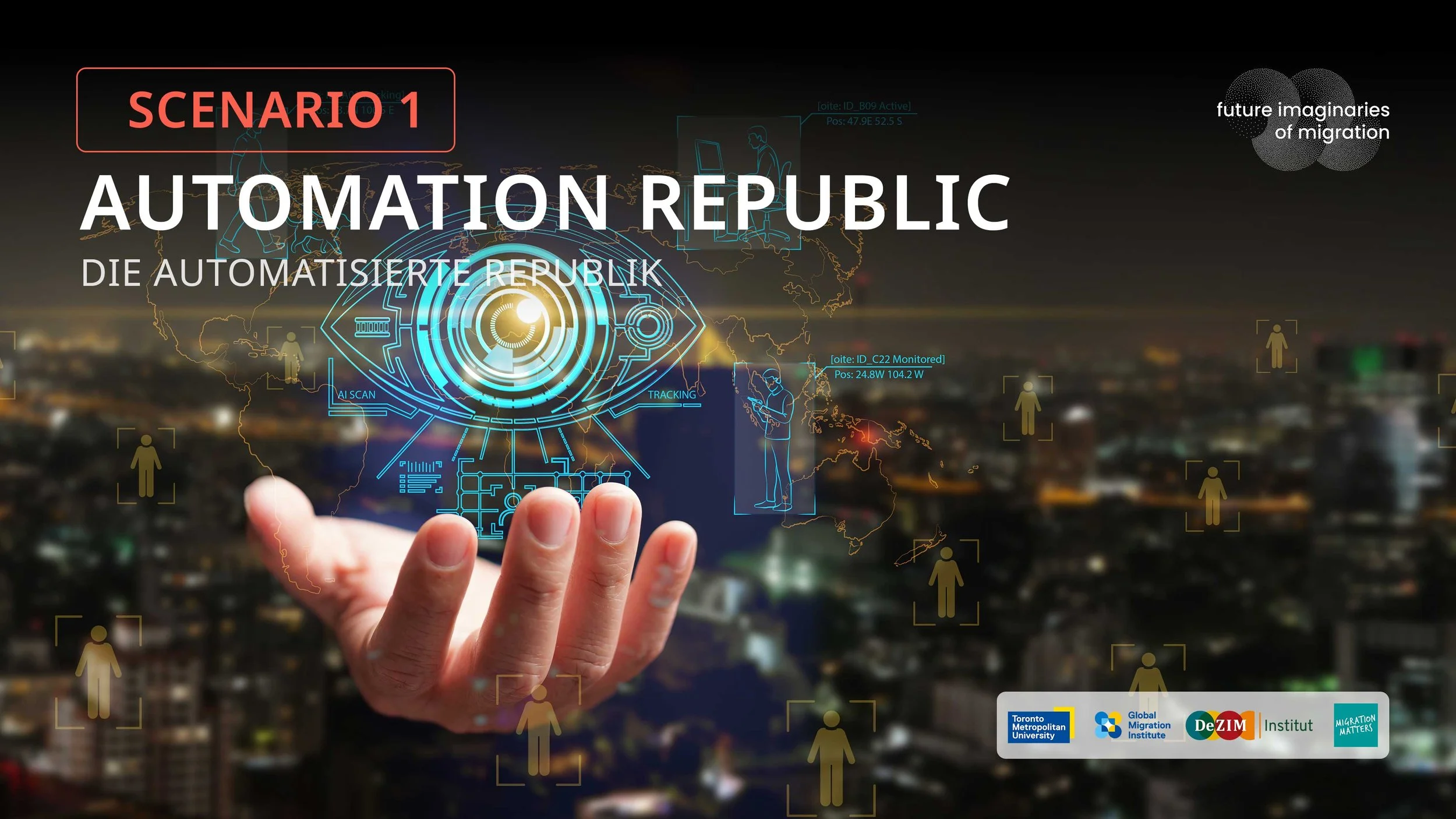 A digital interface over a cityscape shows a hand interacting with a holographic map of the world, with icons representing migration and technology. Text includes 'Scenario 1', 'Automation Republic', and logos of Toronto Metropolitan University, Global Migration Institute, DezIM, Institut, and Migration Matters.