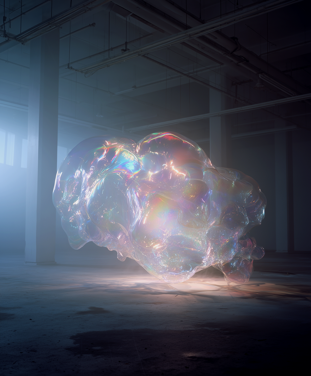 A large, iridescent, semi-transparent bubble in a dark, industrial-style room with high ceilings and exposed pipes, illuminated by a soft light.