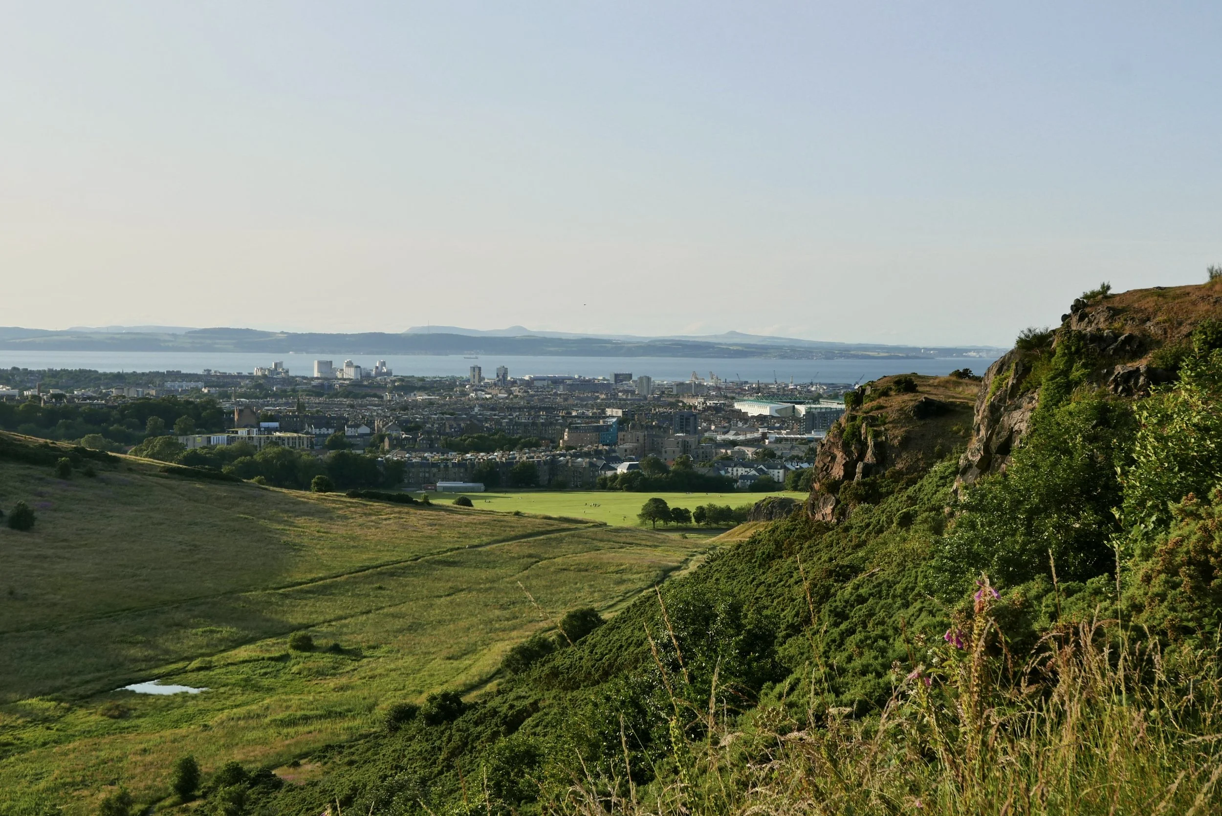 A scenic view from a hillside, overlooking a city with a body of water in the background, green fields, rocky outcroppings, and lush vegetation in the foreground.