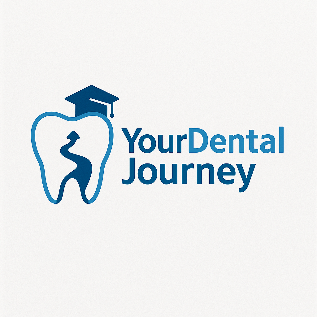 Logo for Your Dental Journey featuring a tooth with a swirling design inside, a graduation cap on top of the tooth, and the company name in blue text.
