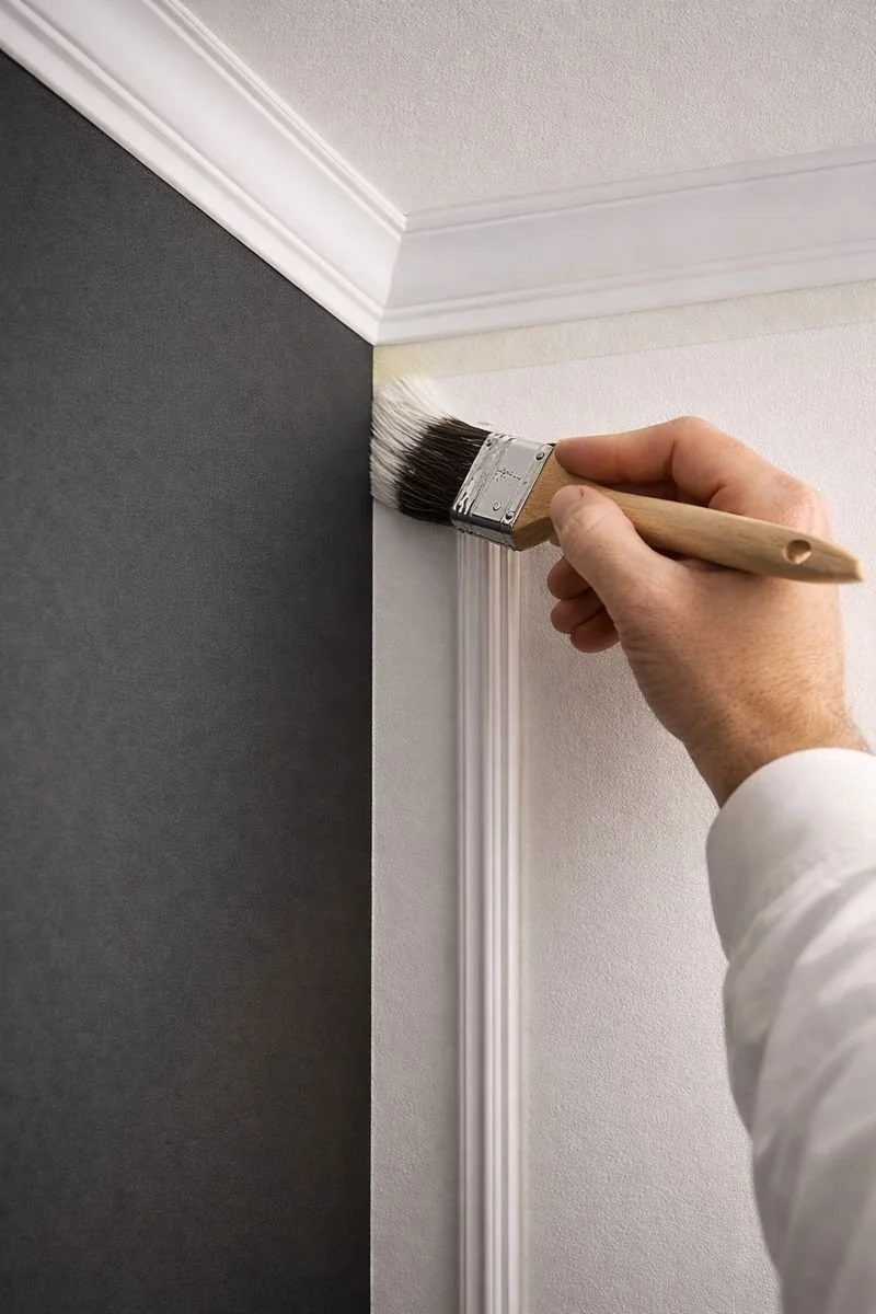 Professional painter applying finish to interior woodwork during a North London decorating project.