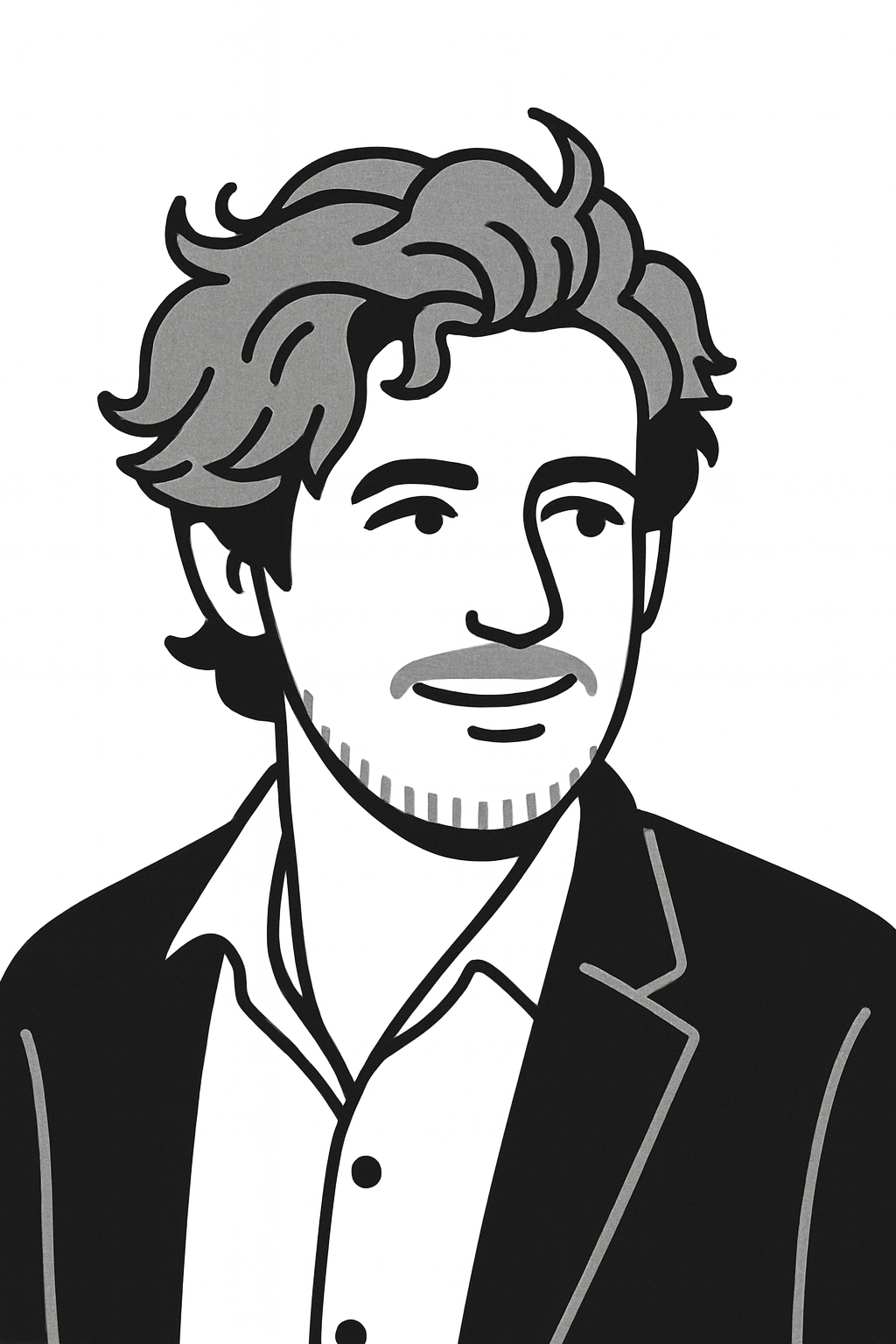 Black and white illustration of a man with wavy hair, facial hair, wearing a suit jacket and an open-collared shirt.