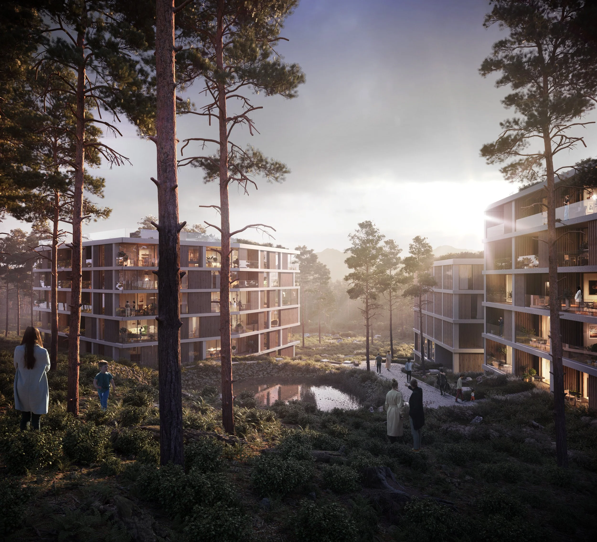 Apartment buildings in a forested area with pine trees, people walking and socializing, and sunlight filtering through the trees.