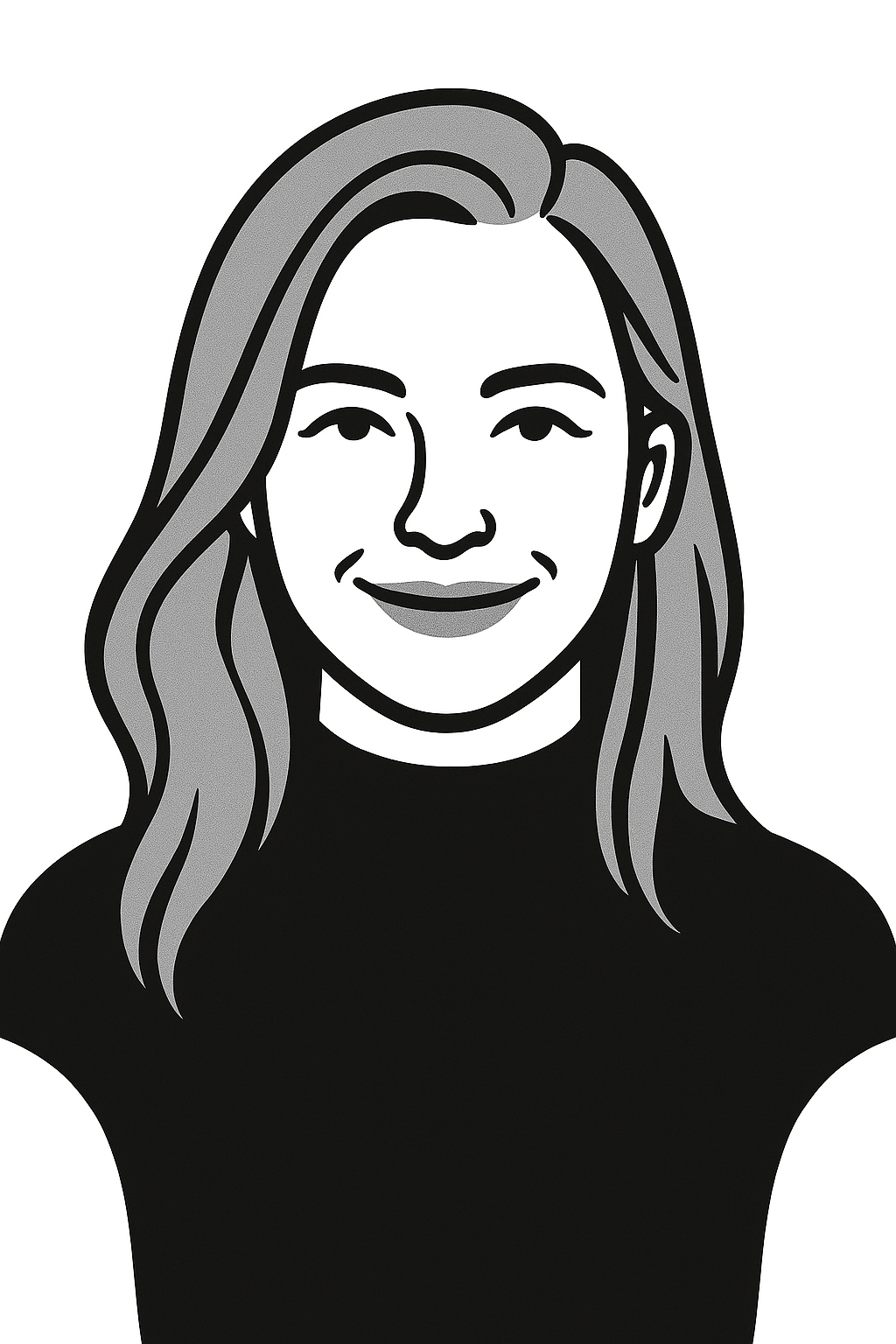 Black and white digital illustration of a smiling woman with long wavy hair wearing a black top.