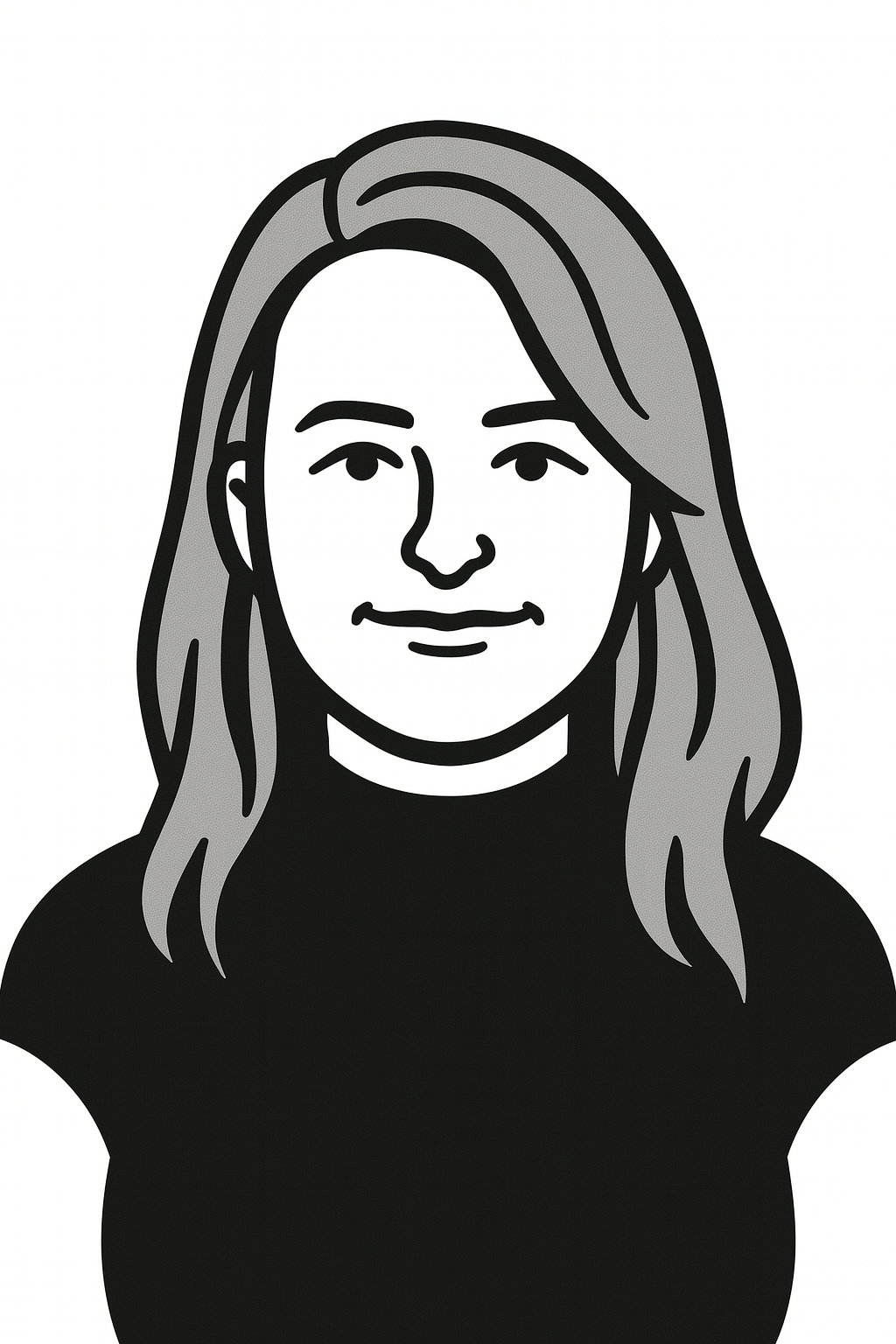 Line drawing of a woman with shoulder-length hair wearing a black top, smiling subtly.