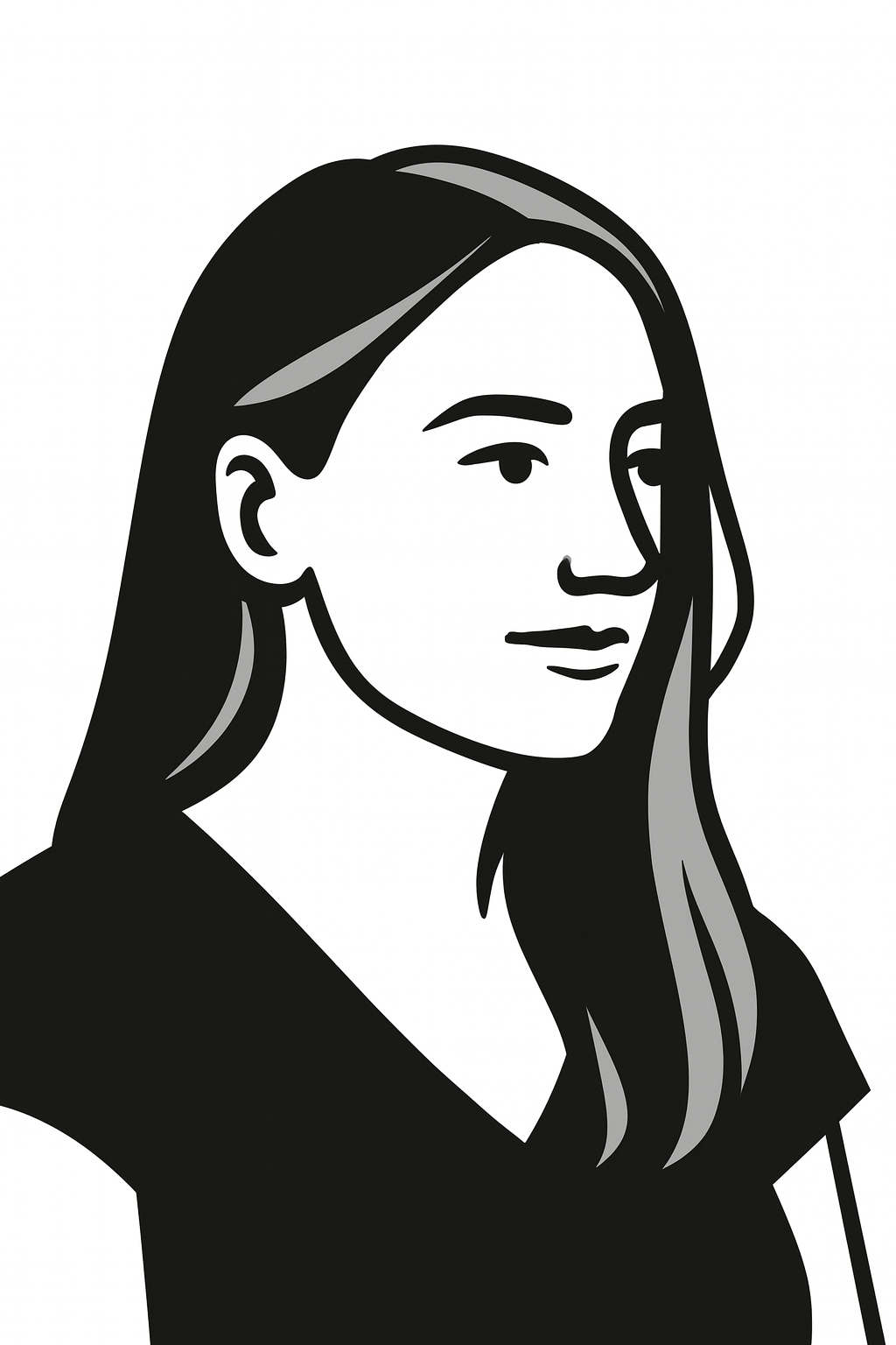 A black and white digital illustration of a woman with long hair, looking to her right with a slight smile.