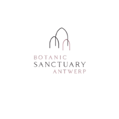 Logo with a tree silhouette and shopping bag handle, text reading 'Botanic Sanctuary Antwerp' in pink and gray.