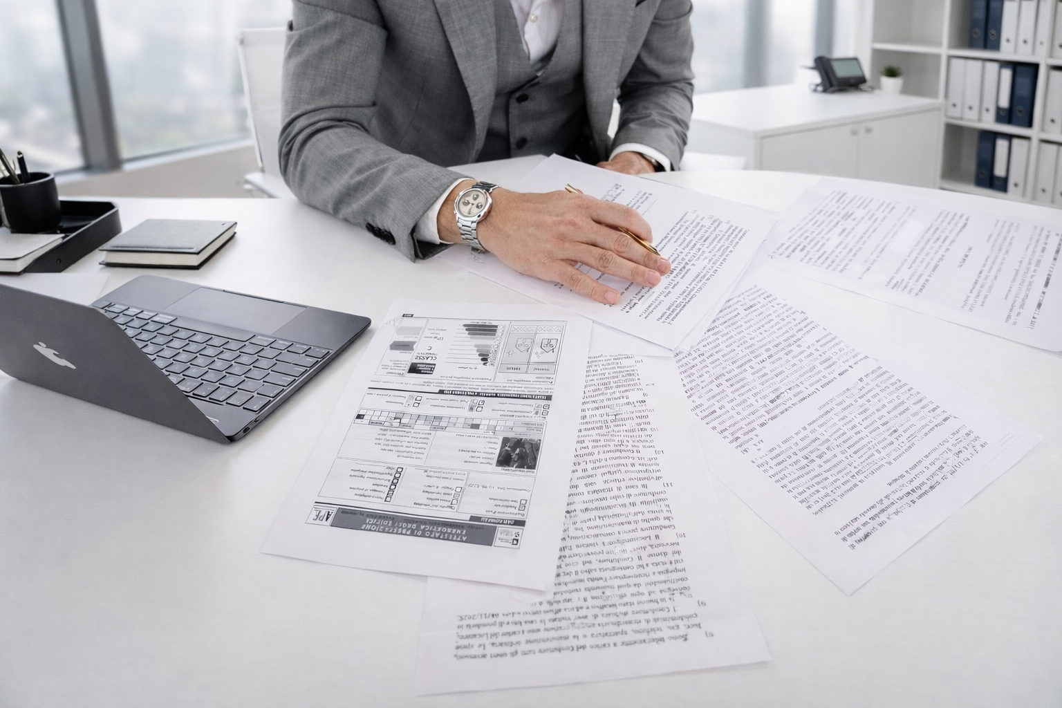 Uomo d'affari in giacca grigia che lavora su documenti e bollette su una scrivania in ufficio, con laptop Apple, blocchi note, telefono e scaffali con cartelle sullo sfondo.
