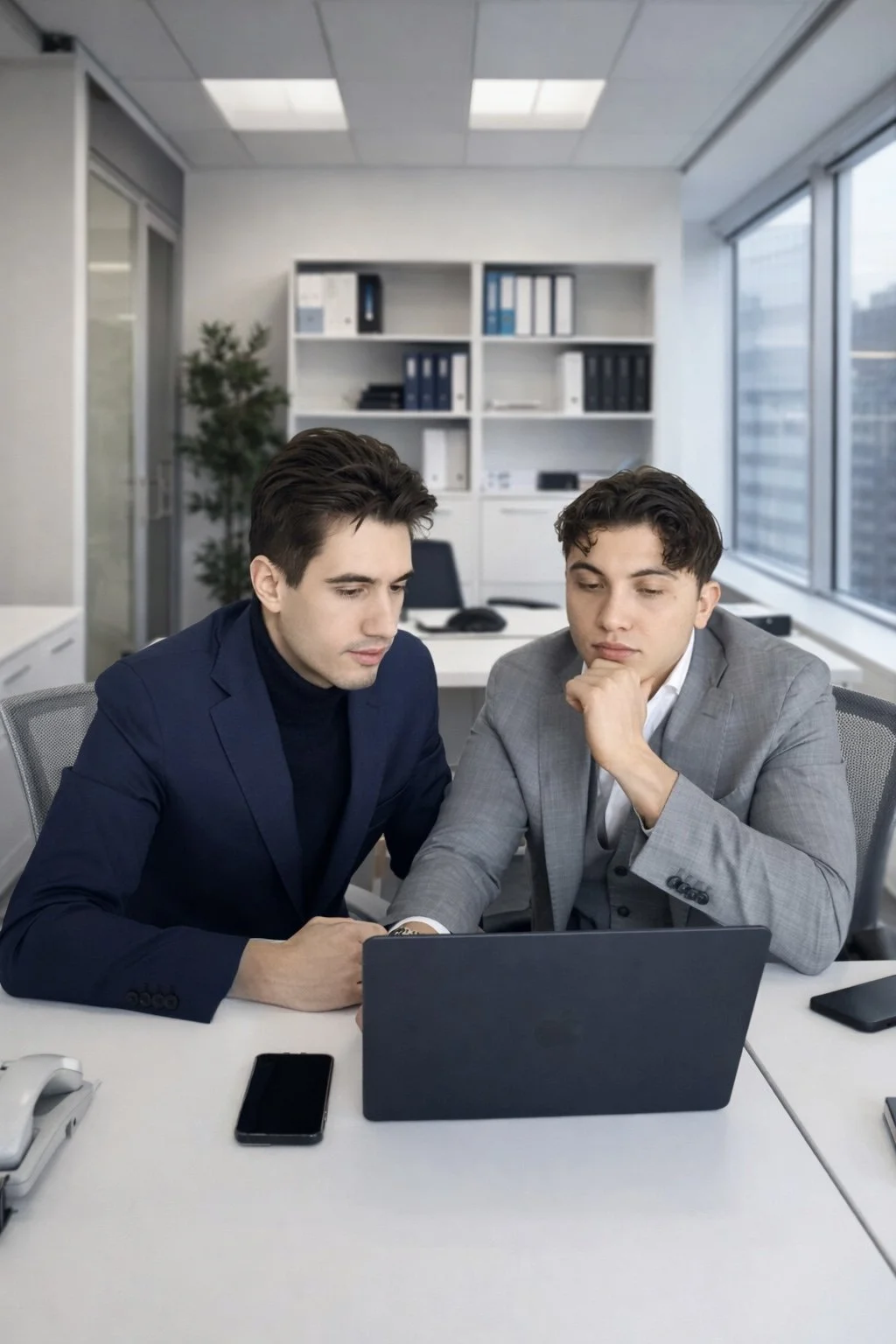 Due uomini in abiti formali che guardano il computer portatile in un ufficio moderno e ben illuminato