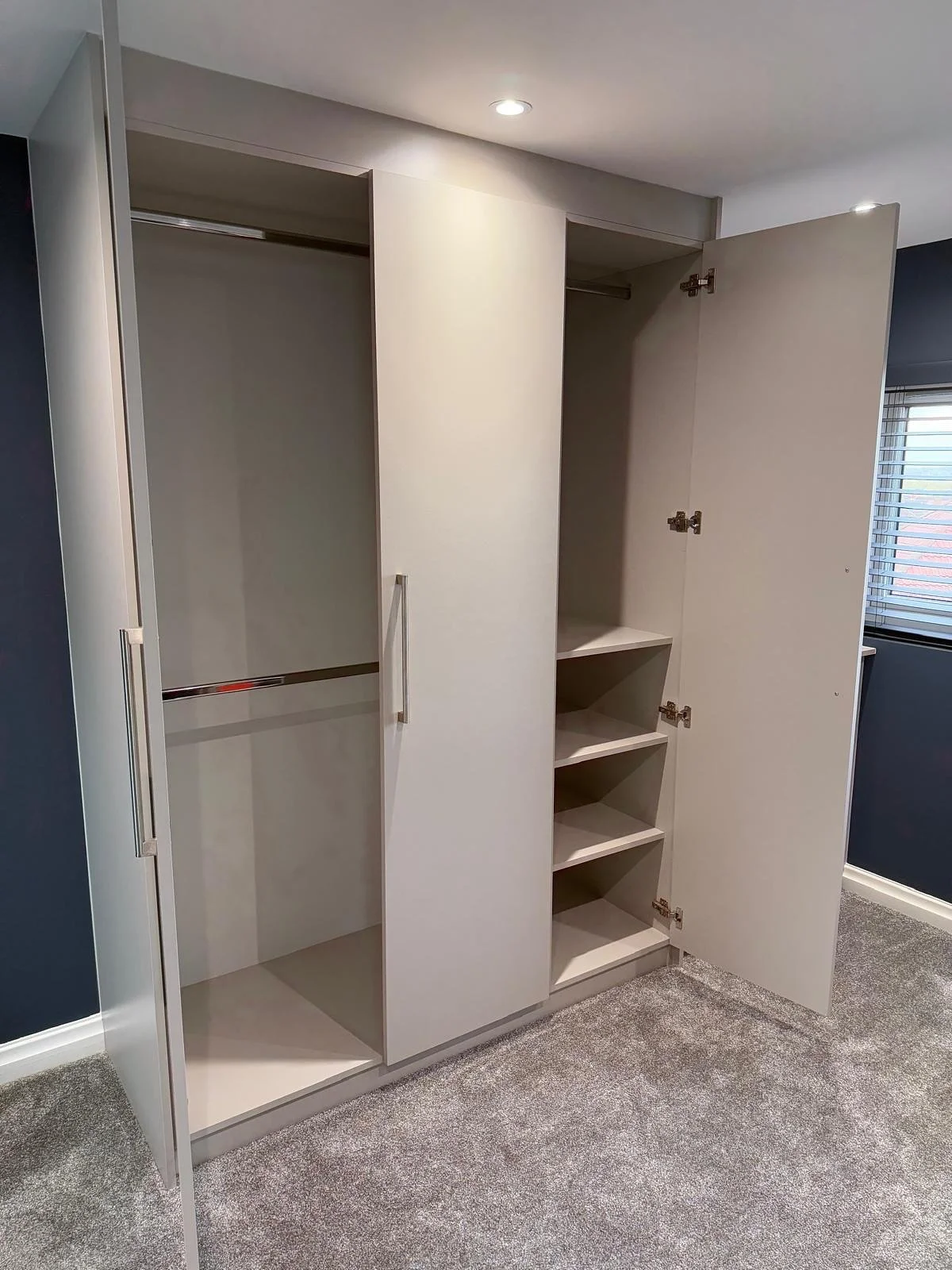 Project Complete 🍏 

Modern fitted wardrobe.
Eco Range.

This job was &pound;2200 fully supplied and fitted. 

✅ Made to measure
✅ Soft close doors and drawers
✅ Fully fitted, no wasted space

Built to fit the room and maximise storage.
Looks clean 