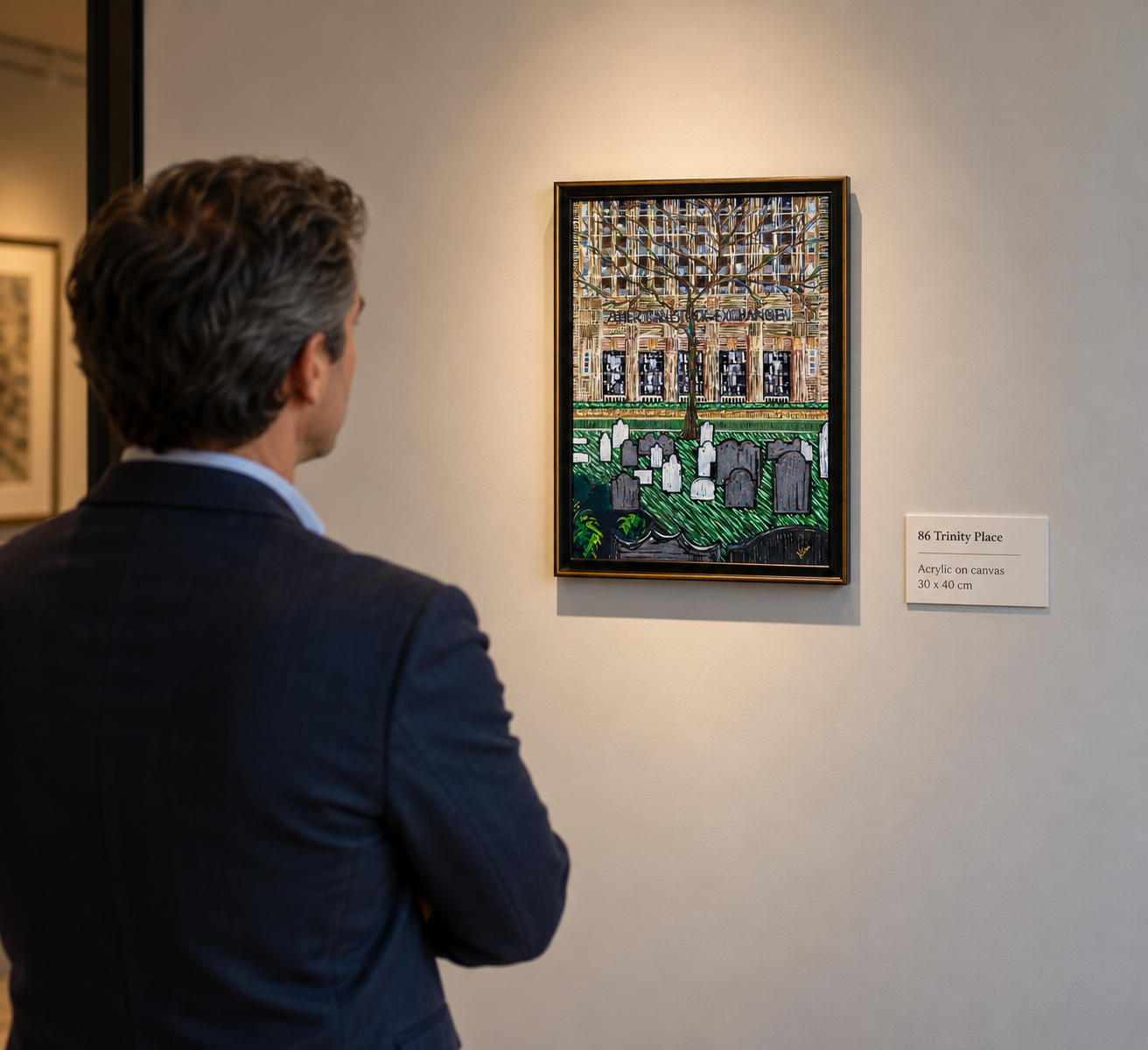 86 Trinity Place – New York Architectural Pointillist Painting (30x40cm), Framed in black picture frame