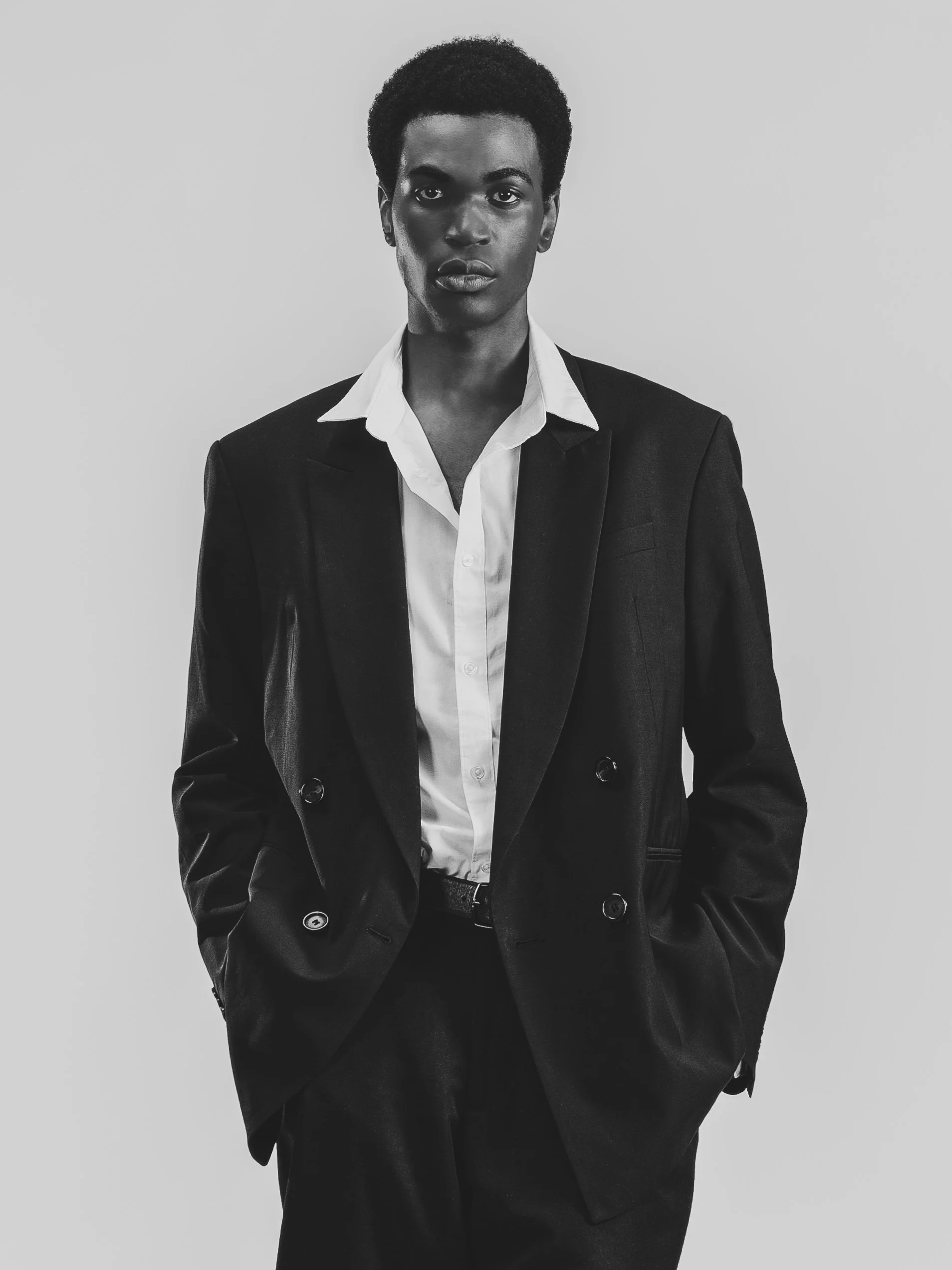 Portrait noir et blanc d'une femme portant un costume avec une main dans la poche.