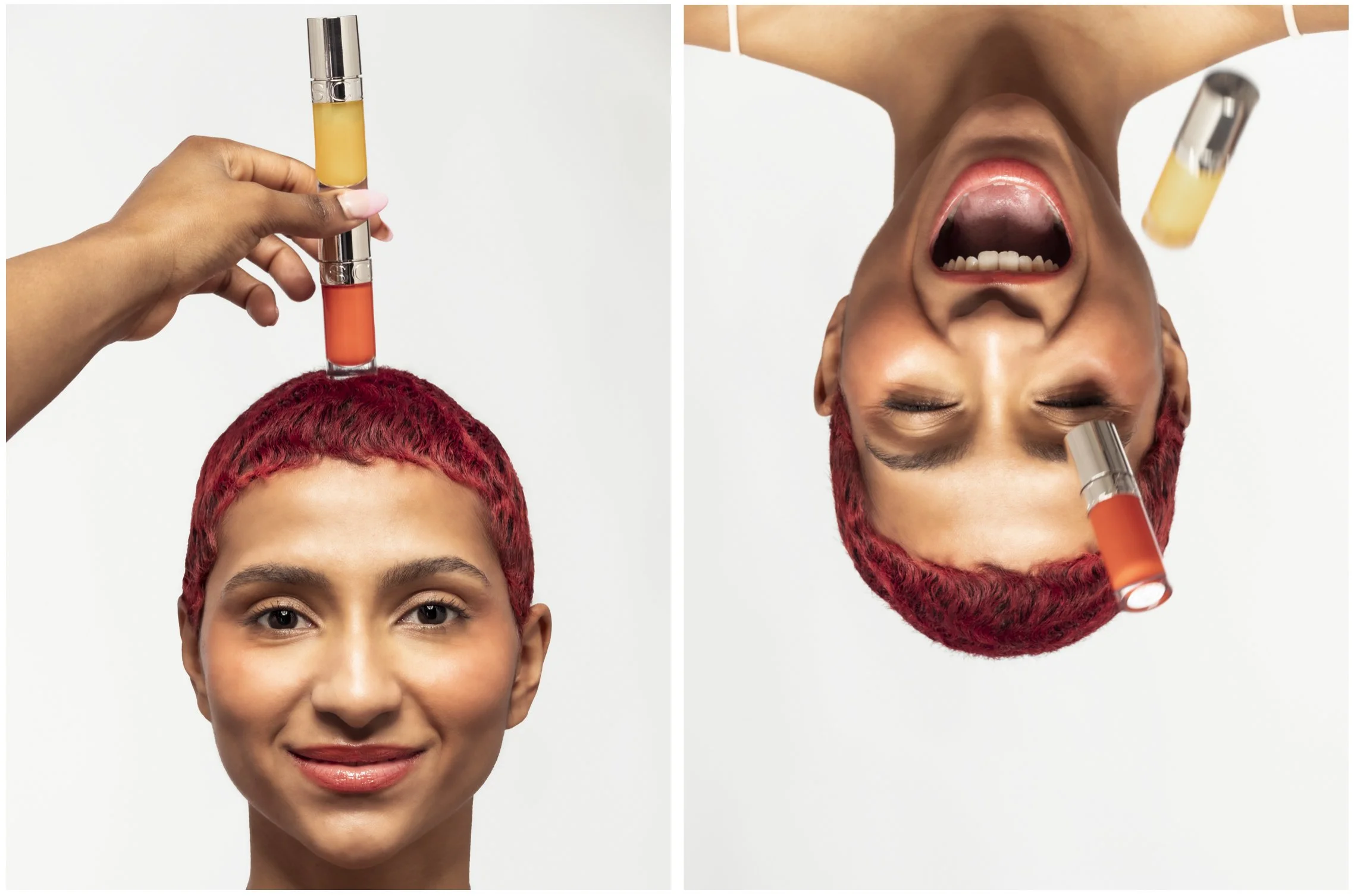 Une femme avec des cheveux courts teints en rouge reçoit un test de détection ou d'audition, avec deux tubes à essai, tandis qu'une autre personne administre le test sur son visage, avec une expression faciale de surprise ou de plaisir.