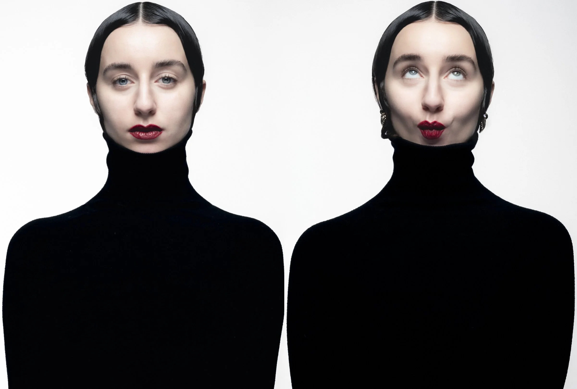 Une femme avec des cheveux noirs, portant un haut noir à col roulé, une peau claire et des lèvres rouges, faisant des expressions différentes, face à un fond blanc.