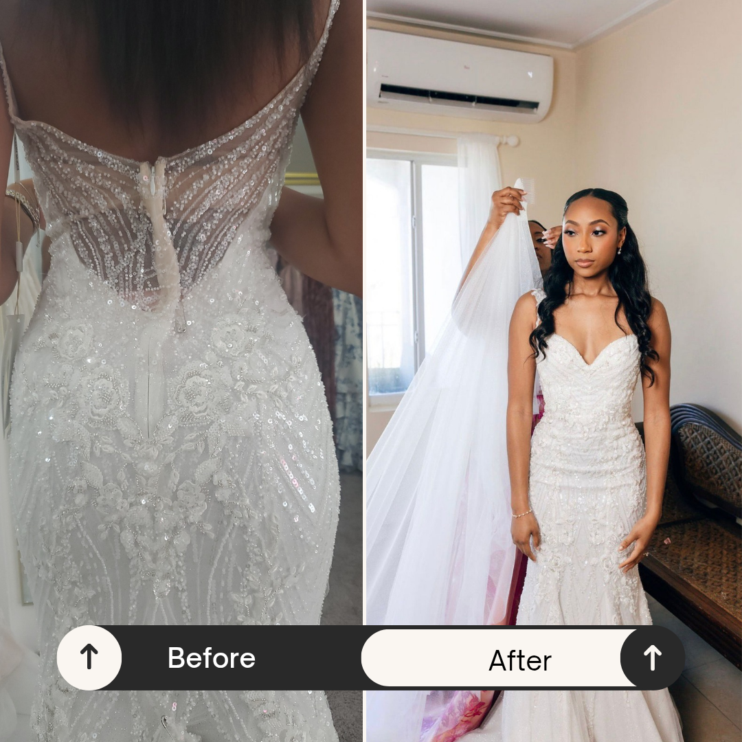 Wedding gown before and after bridal alterations by Courtné Pinder Couturier in Nassau, Bahamas.