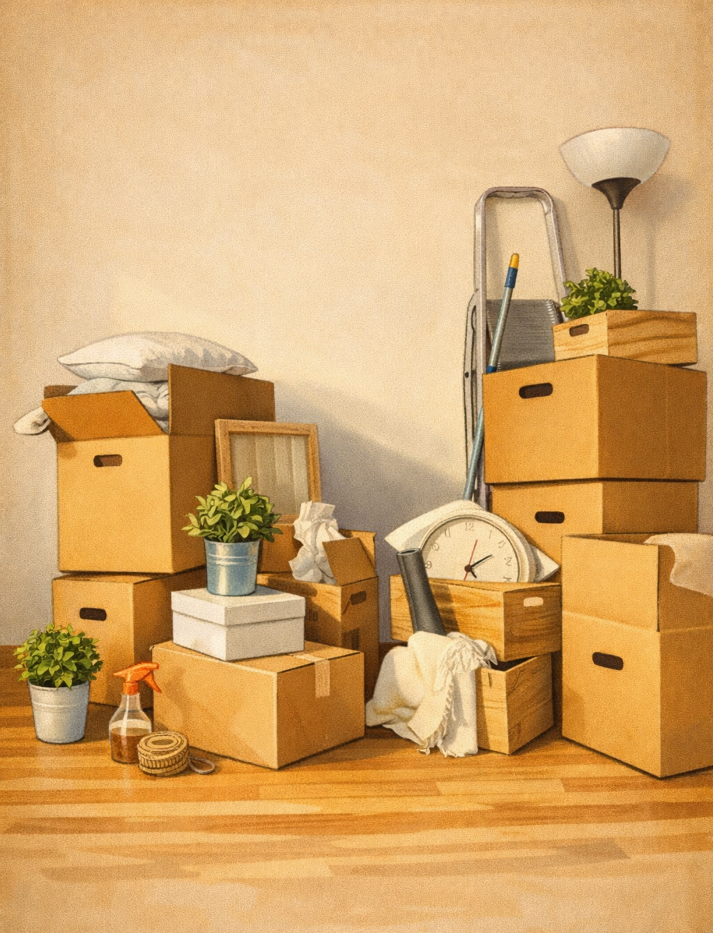 Une pile de cartons en carton contenant des objets tels que des plantes en pot, une échelle, une lampe, des cadres, un rouleau de scotch, un spray de nettoyage, une horloge, et du linge, sur un sol en bois contre un mur beige.