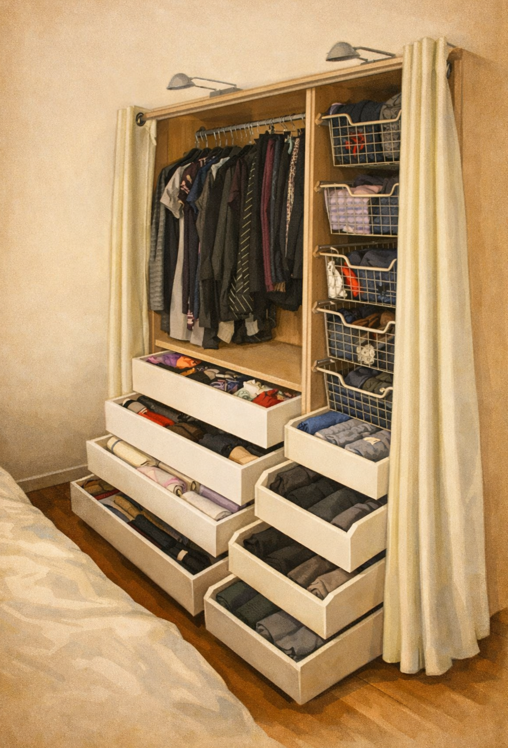 Armoire contenant des vêtements suspendus, des rangements avec des paniers à linge et des tiroirs avec des vêtements pliés