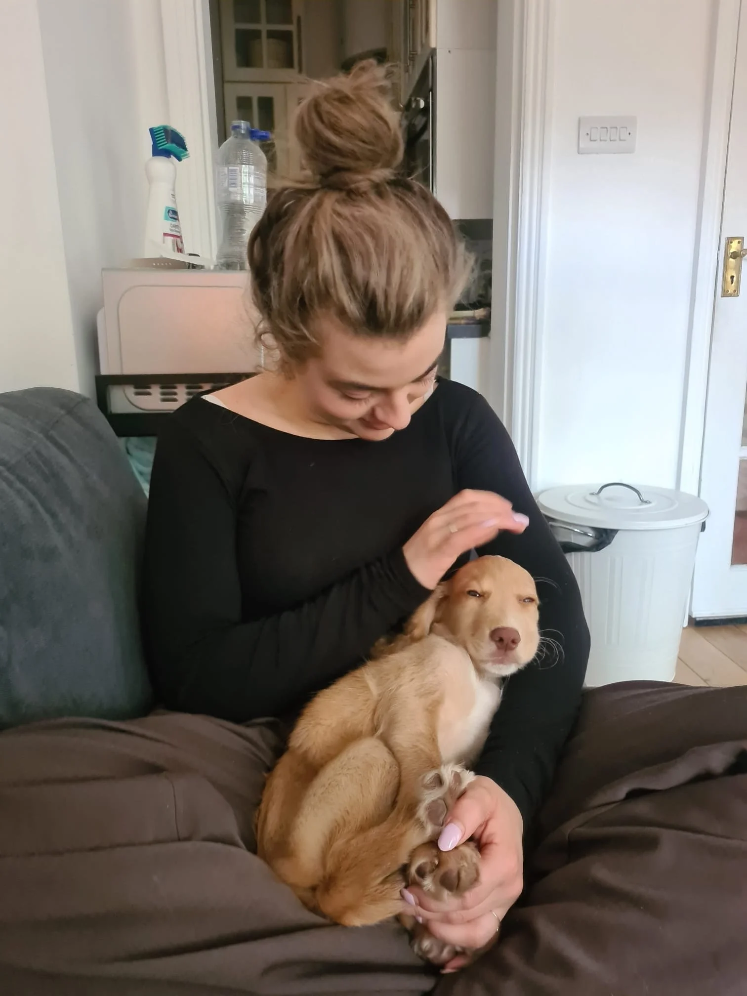 Vrouw die een schattige, slapende puppy vasthoudt terwijl ze op een bank zit in een woonkamer.