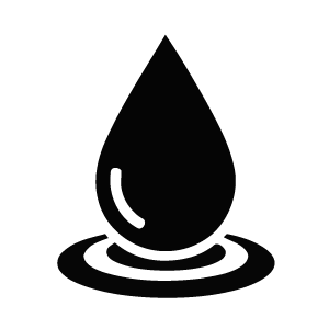 A black and white illustration of a water droplet above a puddle with a white highlight on the droplet.