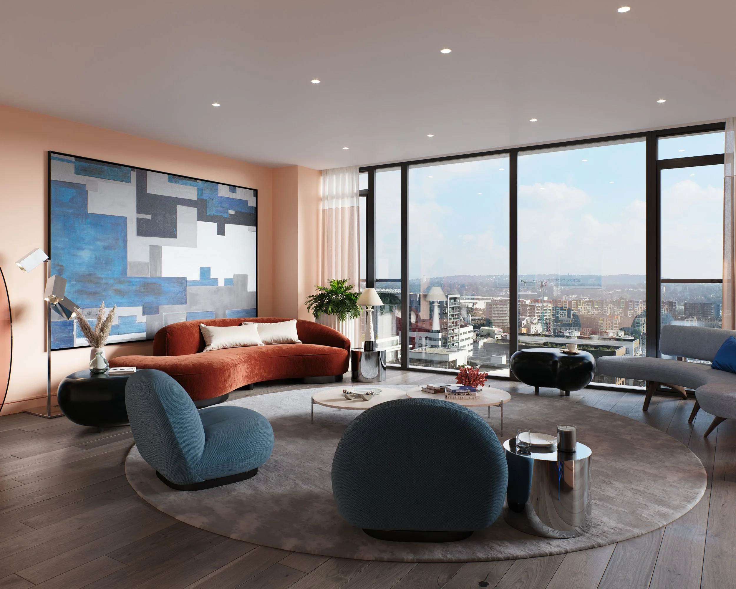 Modern living room with large floor-to-ceiling windows showing city view, featuring a red velvet sofa, blue armchairs, a round rug, and contemporary decor.