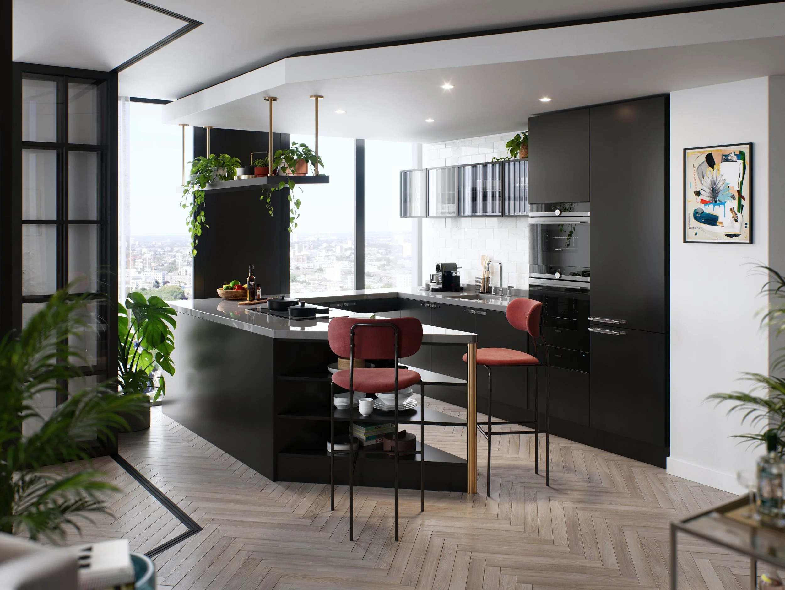 Modern kitchen with black cabinets, white tiled wall, large window with city view, red bar stools, and green plants.