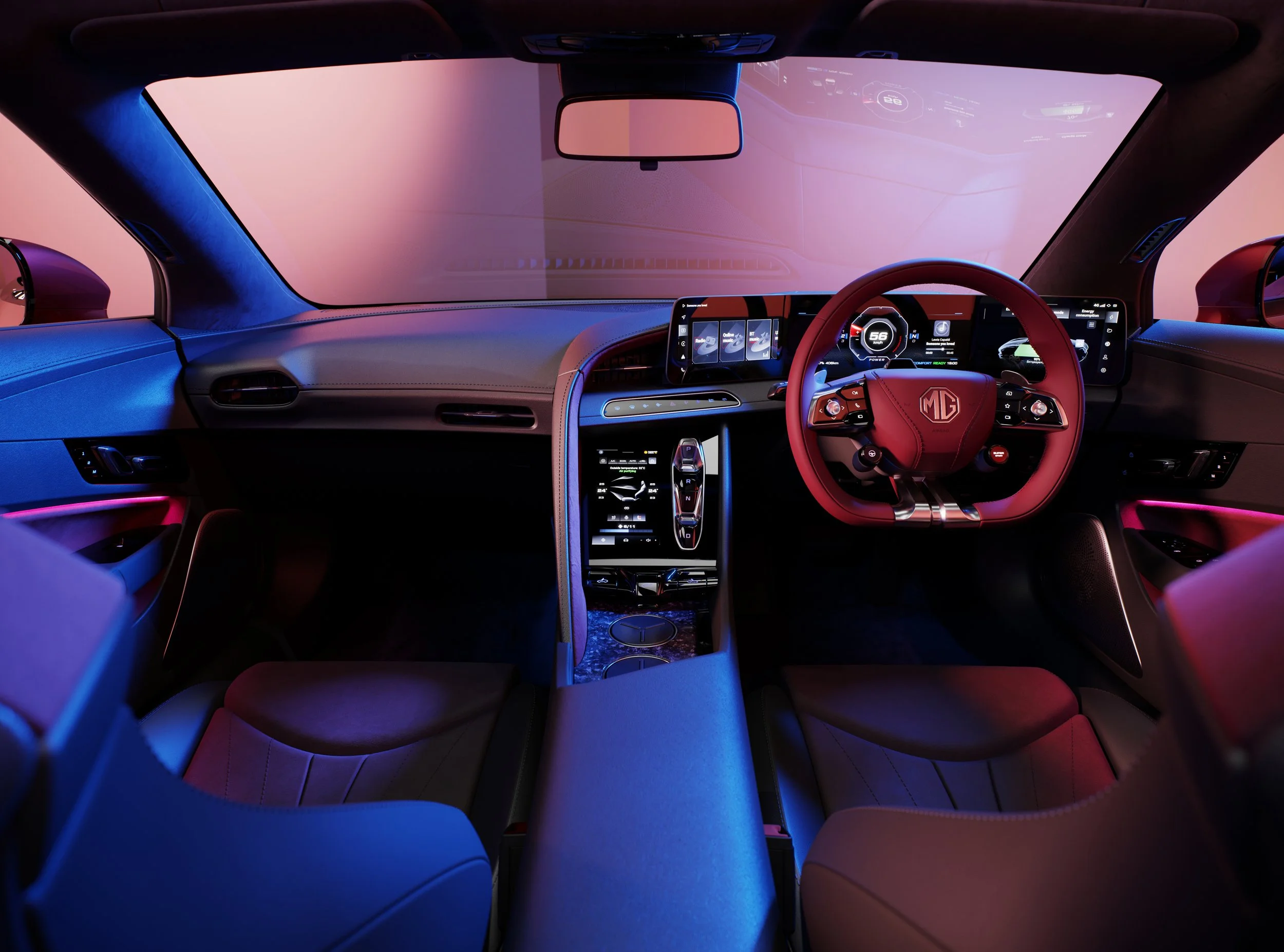 Interior of a modern car with a digital dashboard, leather seats, and ambient lighting in pink and blue hues.