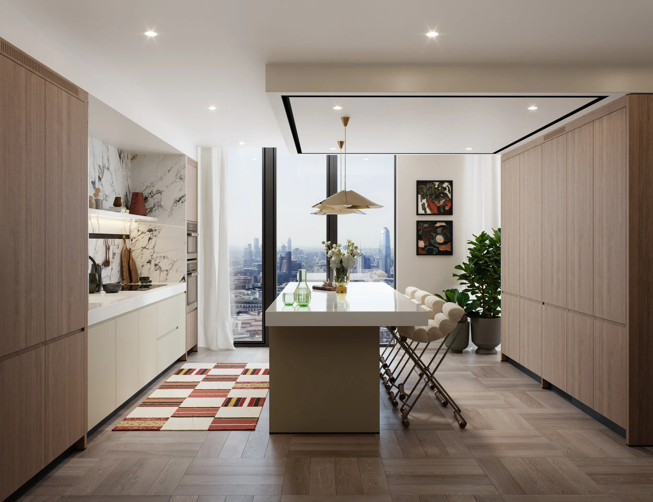 Modern kitchen with large window view of city skyline, white island with bar stools, wooden cabinets, marble backsplash, decorative vases, abstract art on wall, indoor plants, pendant light, striped rug, hardwood floors.