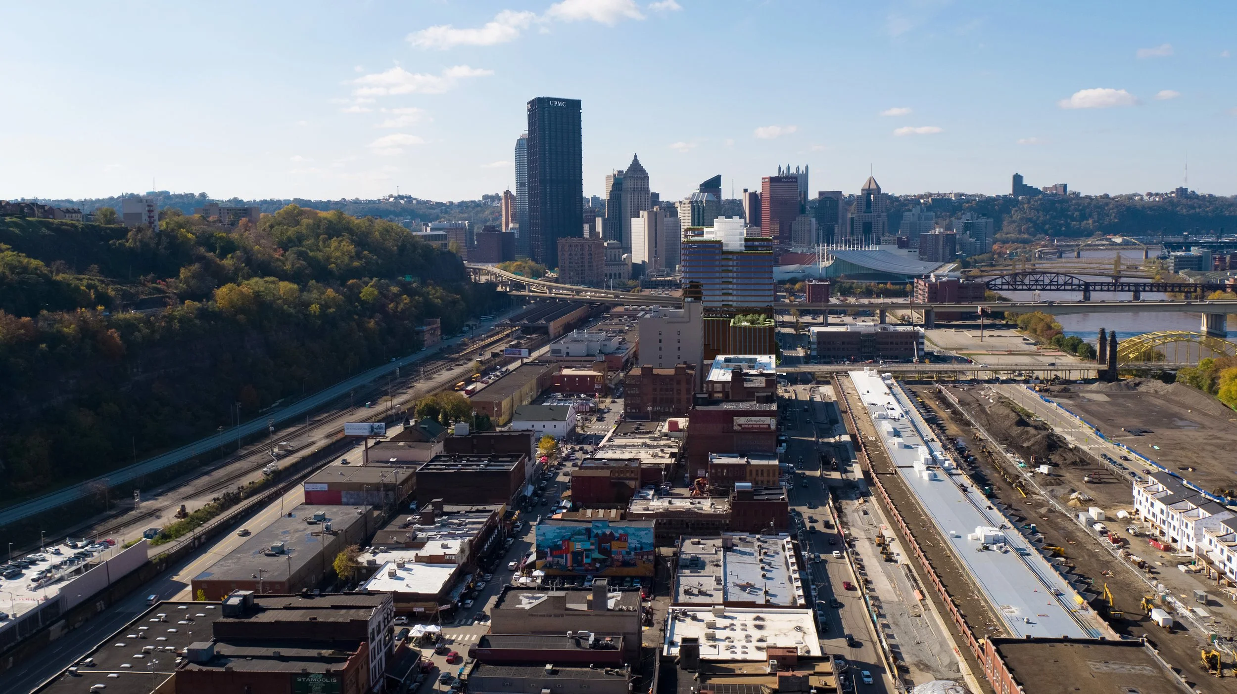City skyline with tall buildings and bridges over a river, with a mix of urban and wooded areas, under a partly cloudy sky.