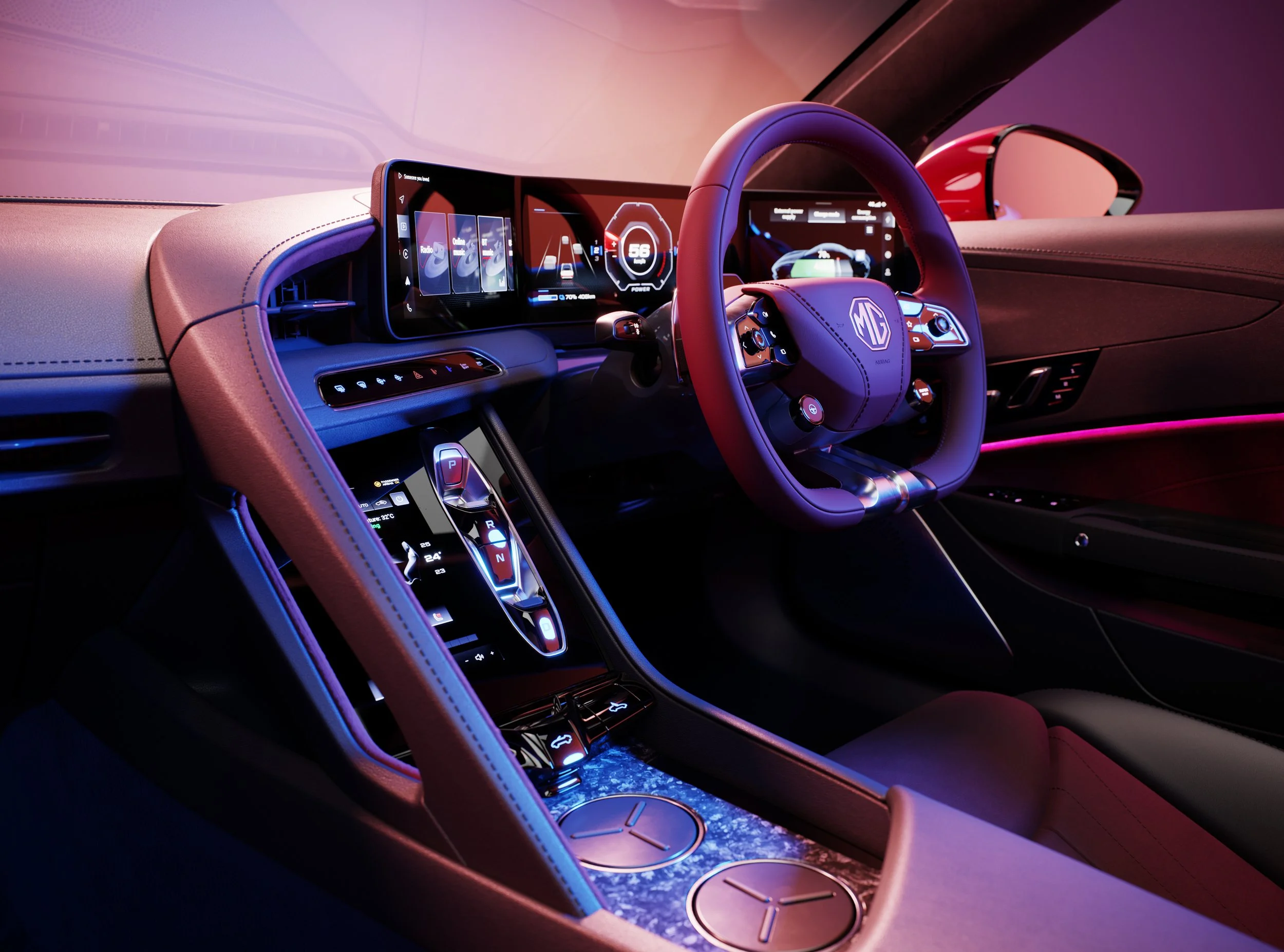 Interior of a modern car with digital dashboards, a steering wheel with MG logo, and a center console with touch controls and dual cup holders illuminated by ambient lighting.