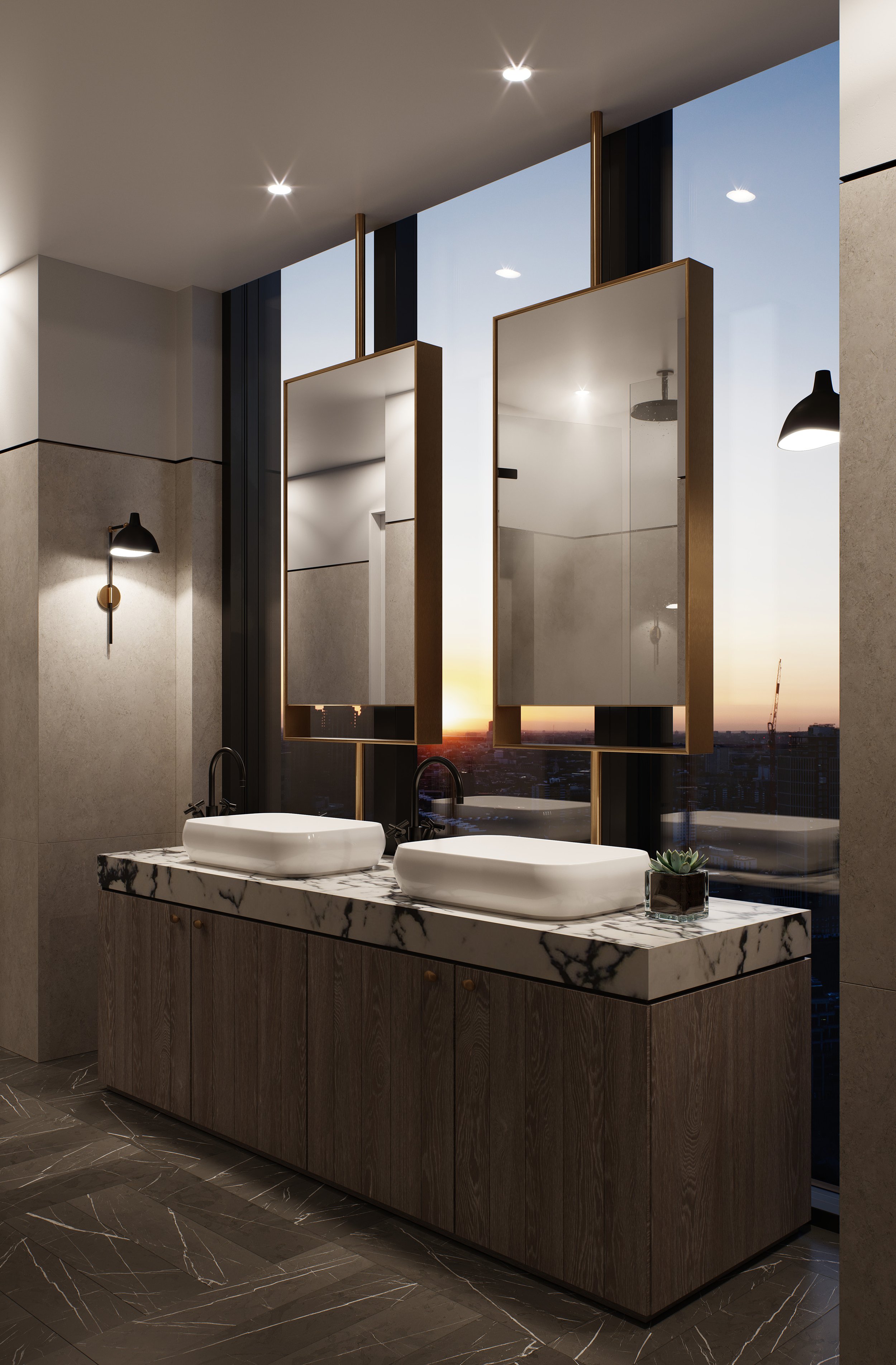 Modern bathroom with a dual sink vanity, marble countertop, rectangular vessel sinks, and large mirrors, against a window showing sunset sky.