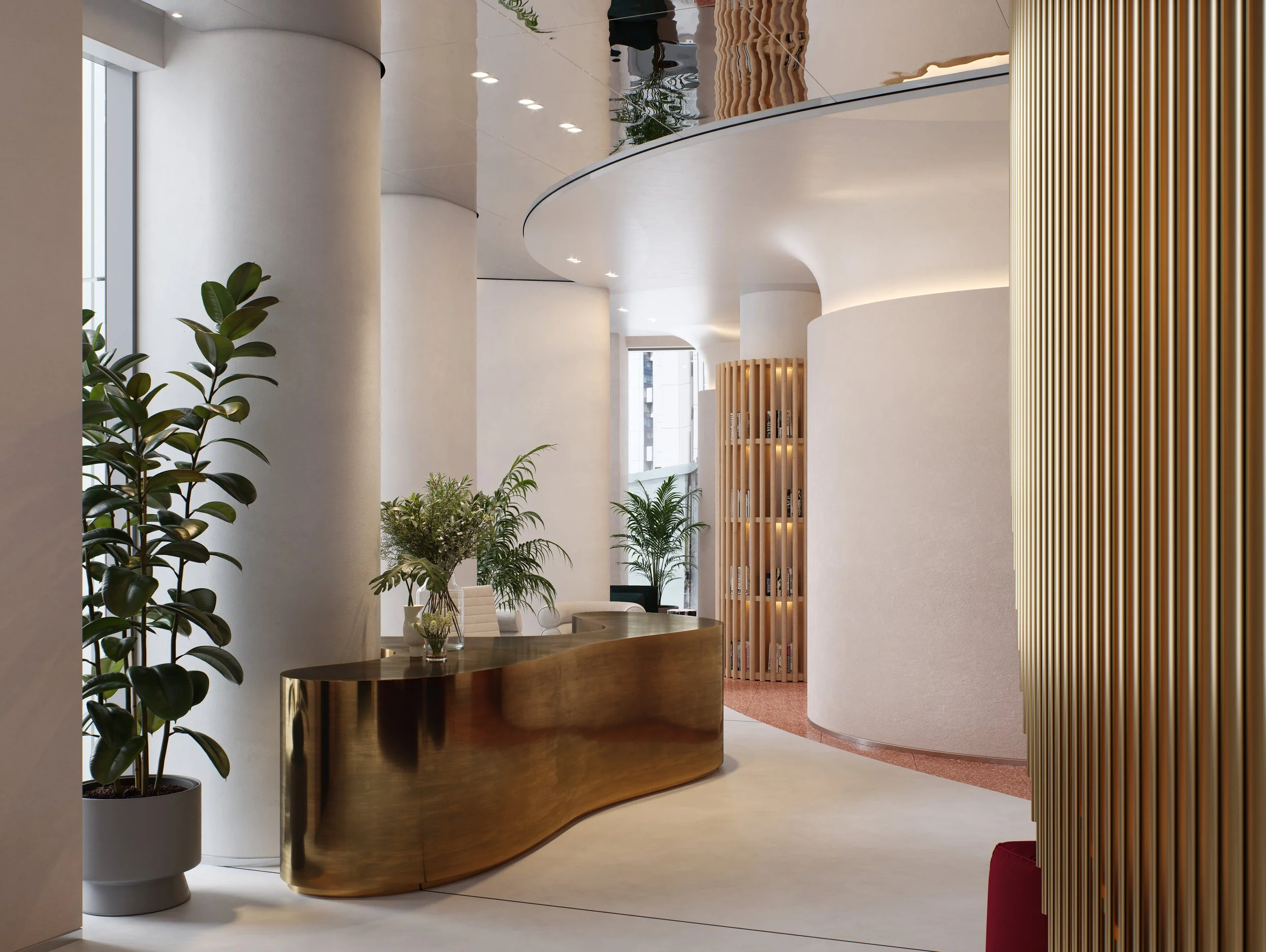 Modern hotel lobby with a shiny curved gold reception desk, white walls with curved design, large potted plants, and wooden slatted wall accents.