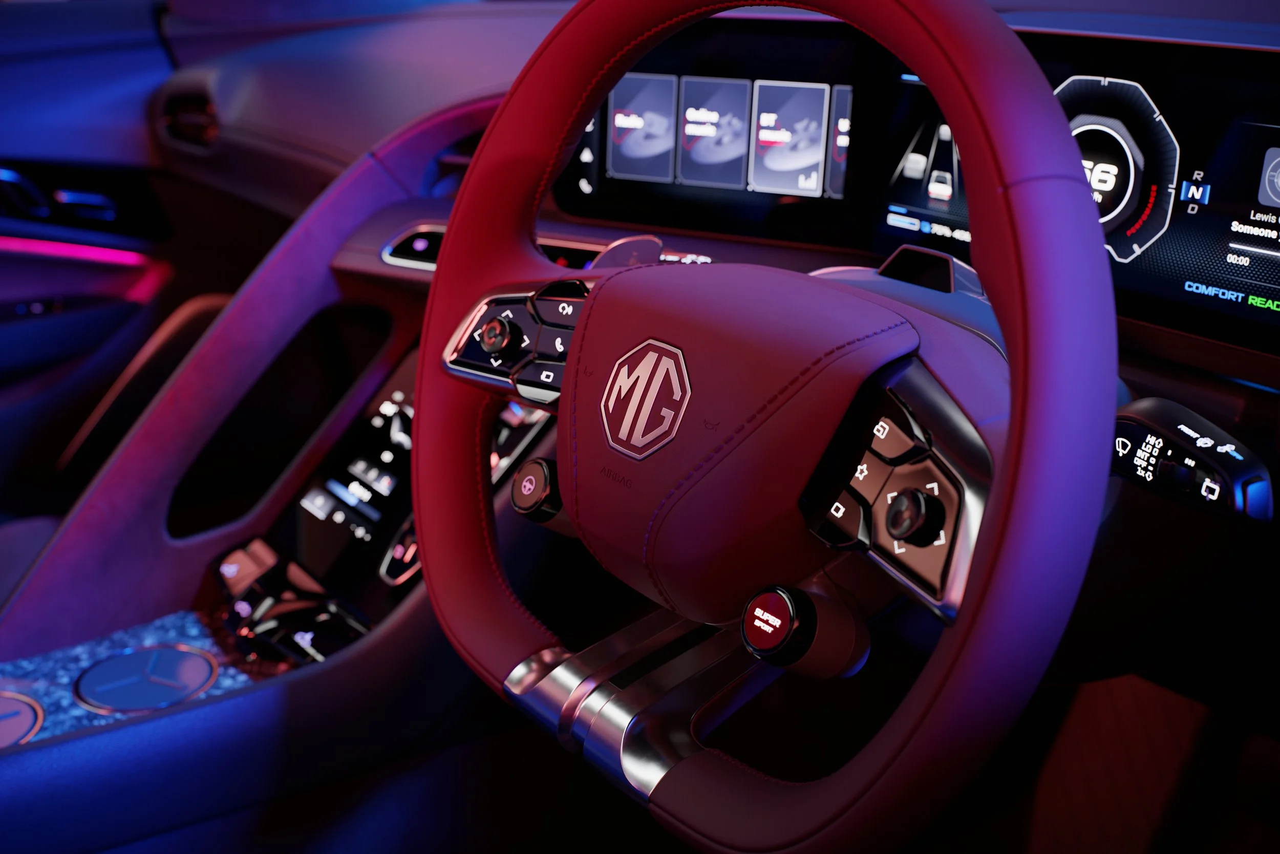 Close-up of a luxury car's interior dashboard and steering wheel, featuring an MG logo on the steering wheel, digital displays, and control buttons, illuminated by colorful ambient lighting.