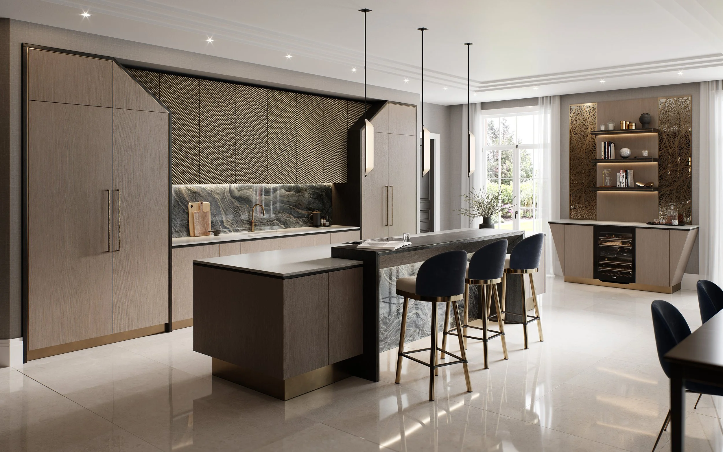 Modern kitchen with a large island, bar stools, built-in appliances, and decorative shelving.