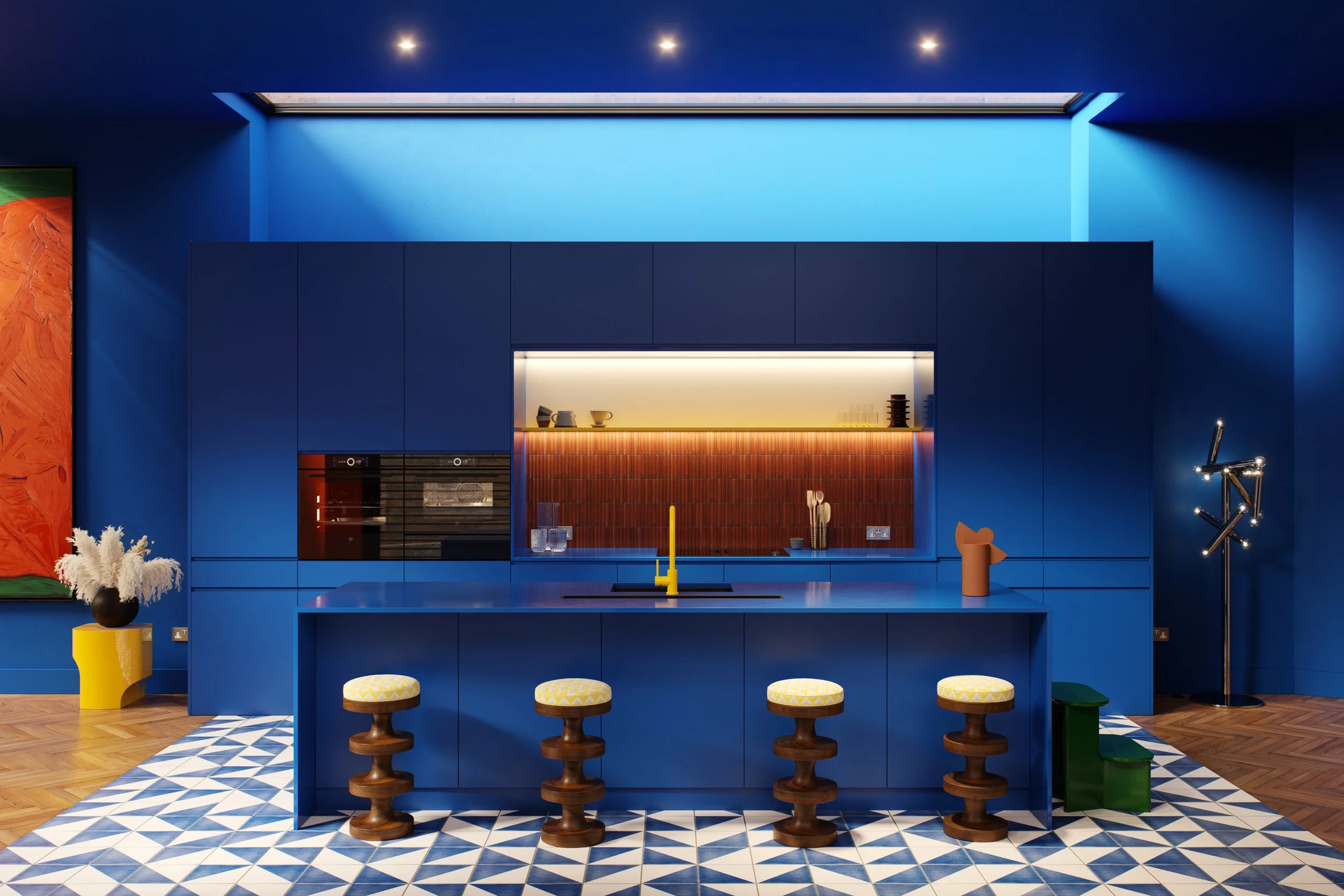 Modern kitchen with blue cabinets, yellow accents, geometric floor tiles, and a skylight ceiling.