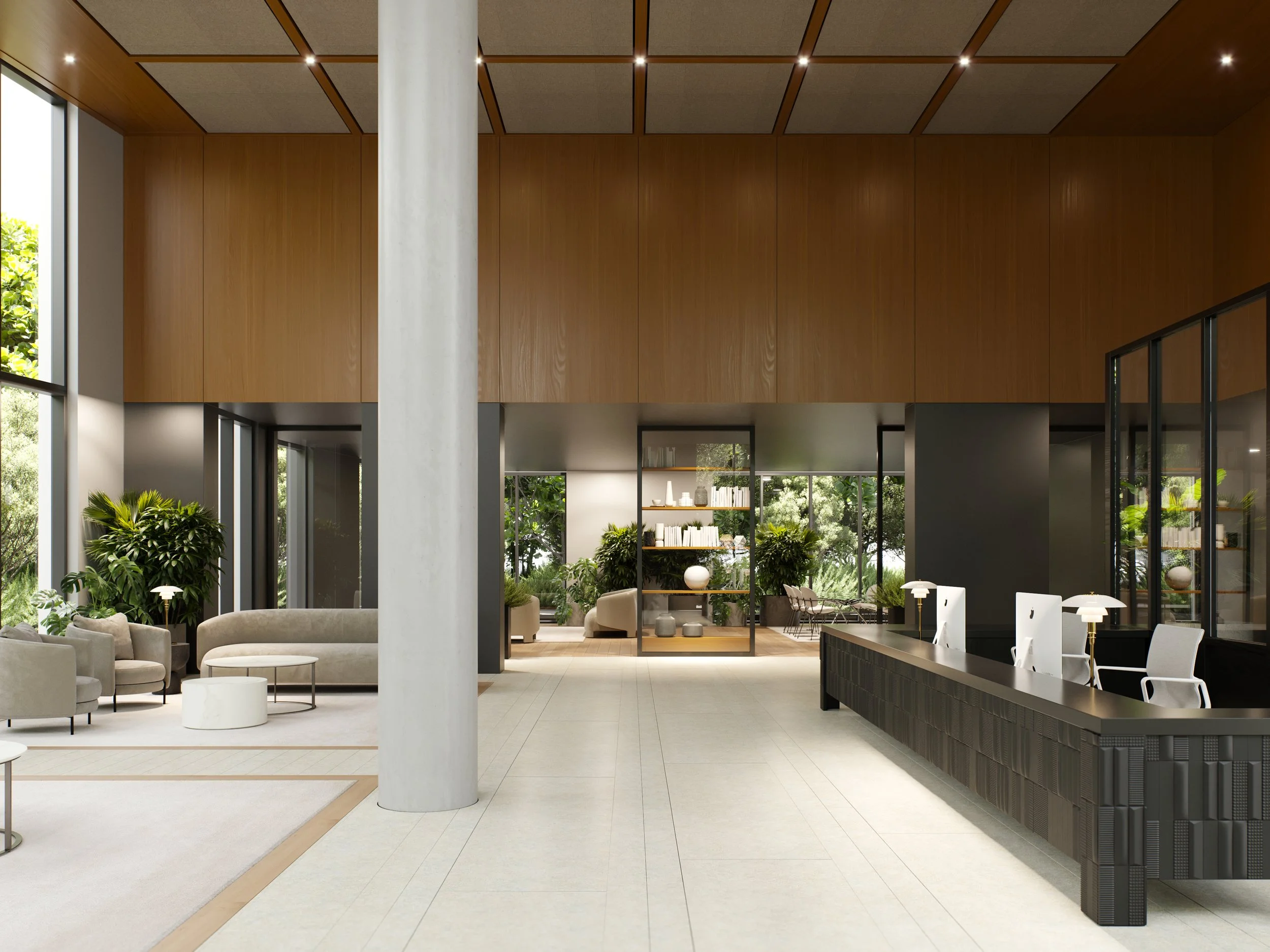 Modern hotel lobby with seating area, large windows, indoor plants, and a check-in desk with computers.