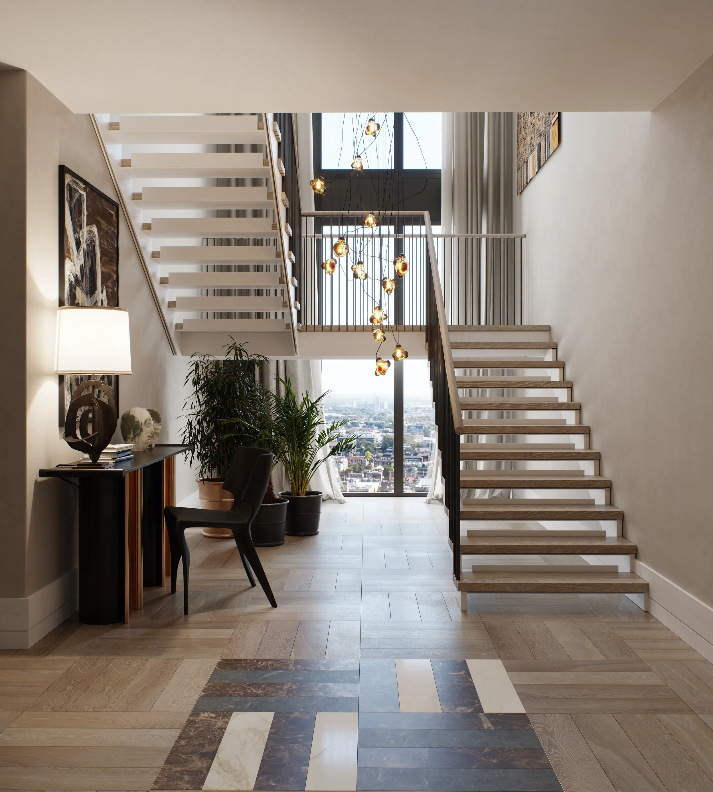 Interior view of a modern apartment with a staircase, plants, a desk with a chair, and a view through large windows.