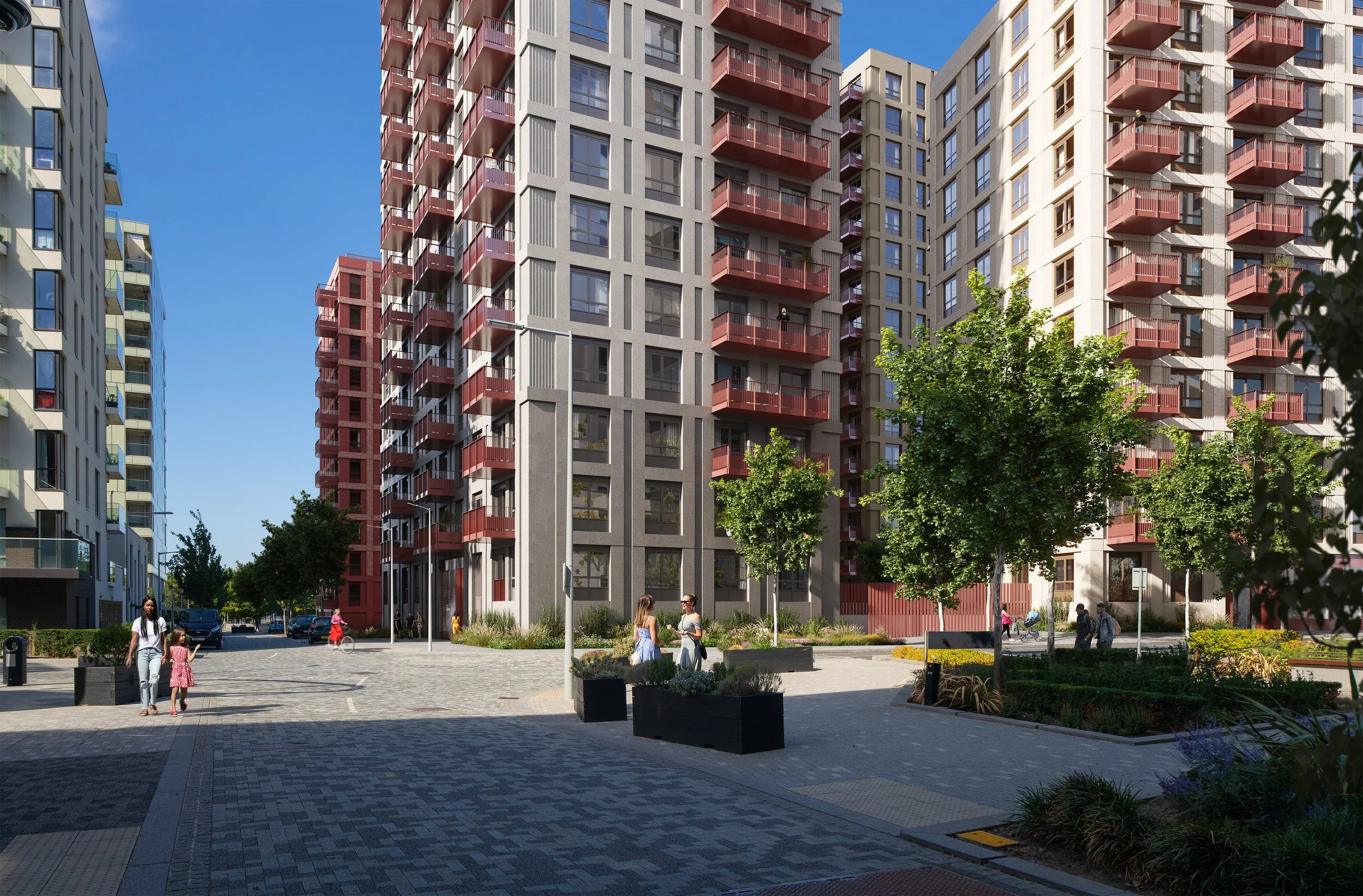 Modern residential apartment complex with colorful balconies, trees, and people walking and sitting in the courtyard.