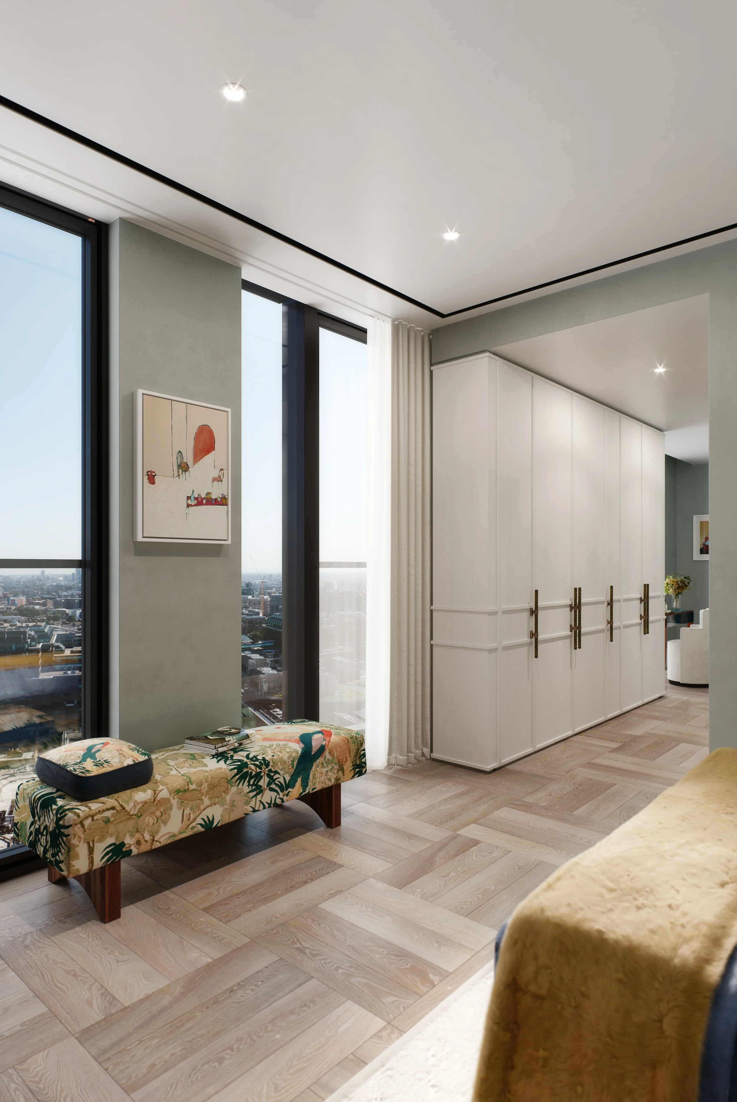 Modern living room with large windows, a floral upholstered bench, a white built-in cabinet, and minimalistic decor.