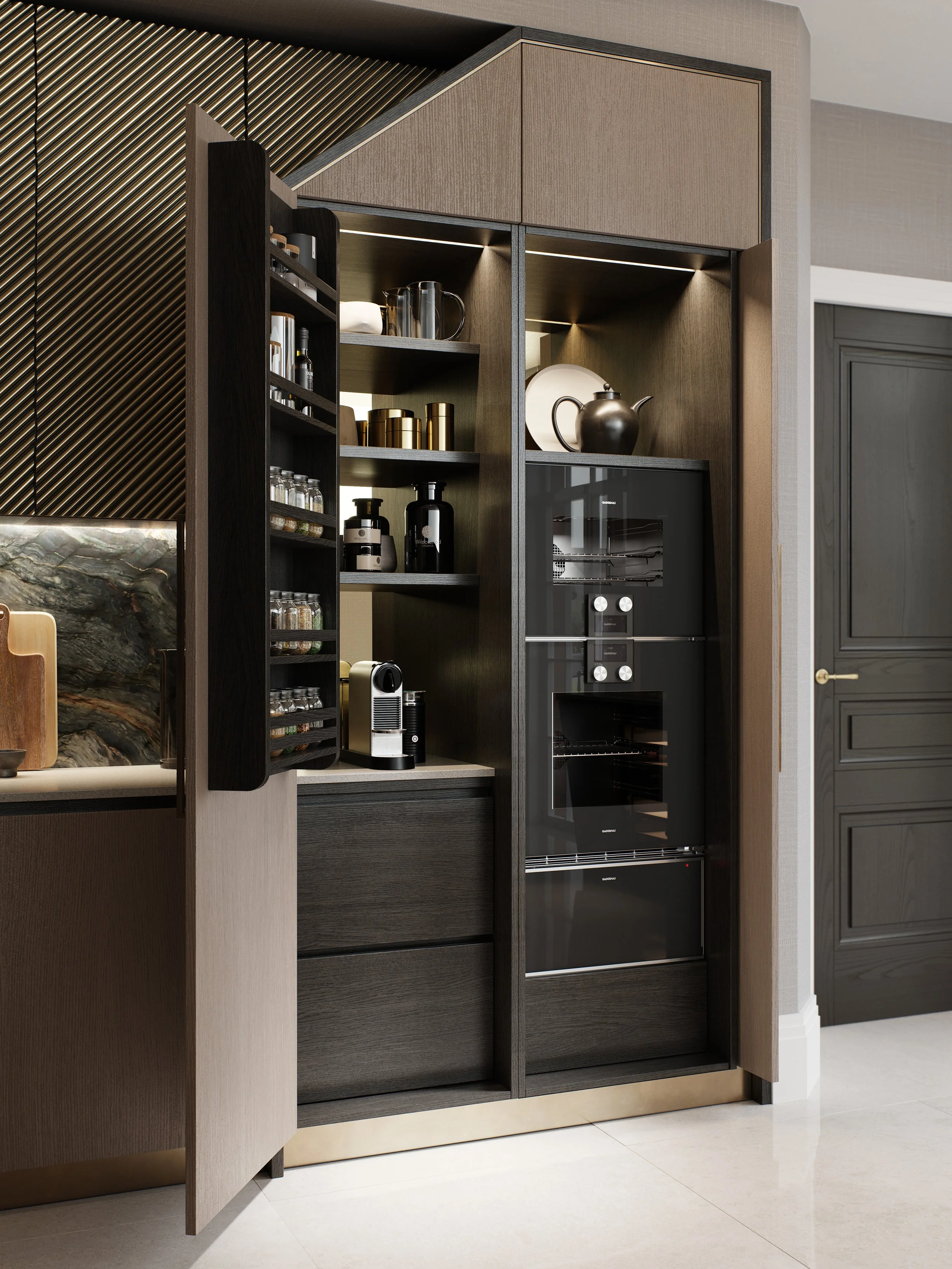 Modern kitchen cabinet with open shelves holding dishes, a teapot, and jars, and built-in ovens, adjacent to a wall with textured dark panels.