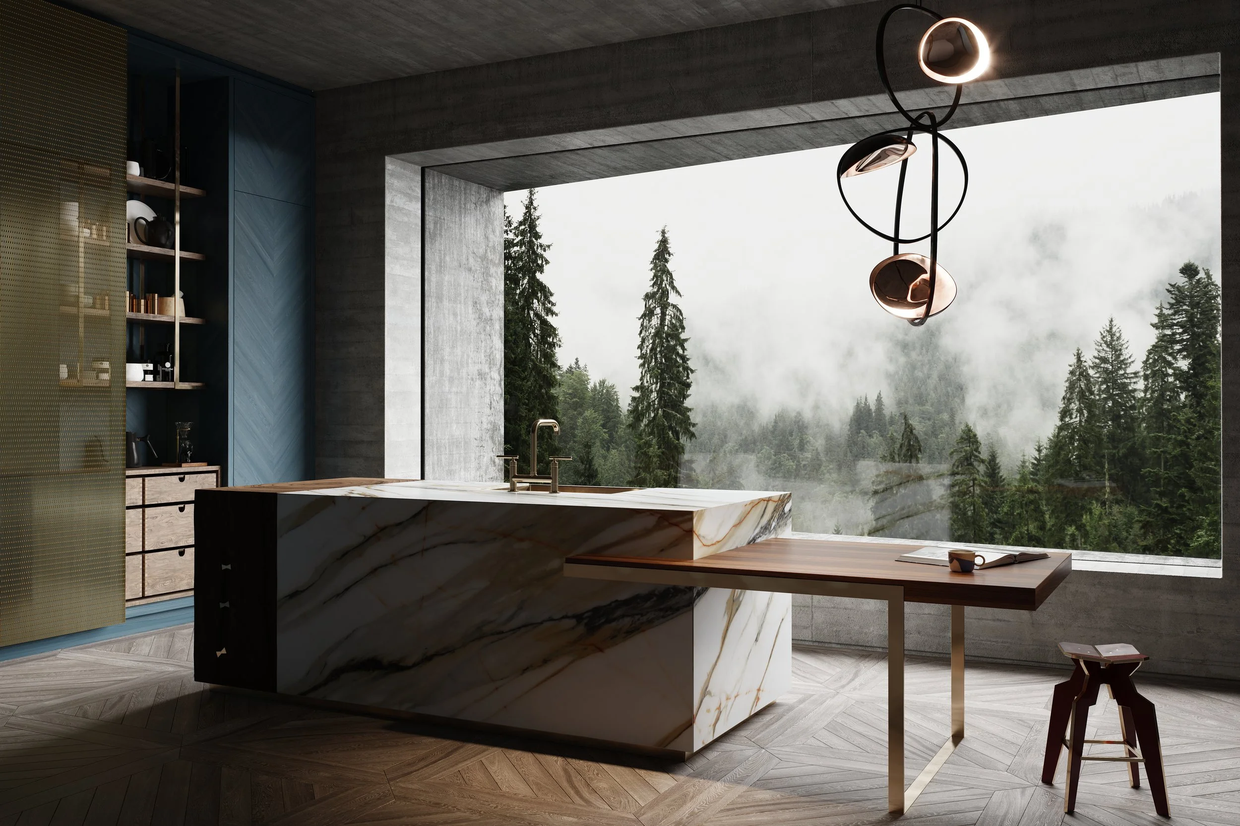 Modern kitchen with marble island, large window showing forest and fog, pendant light fixtures, and wooden furniture.