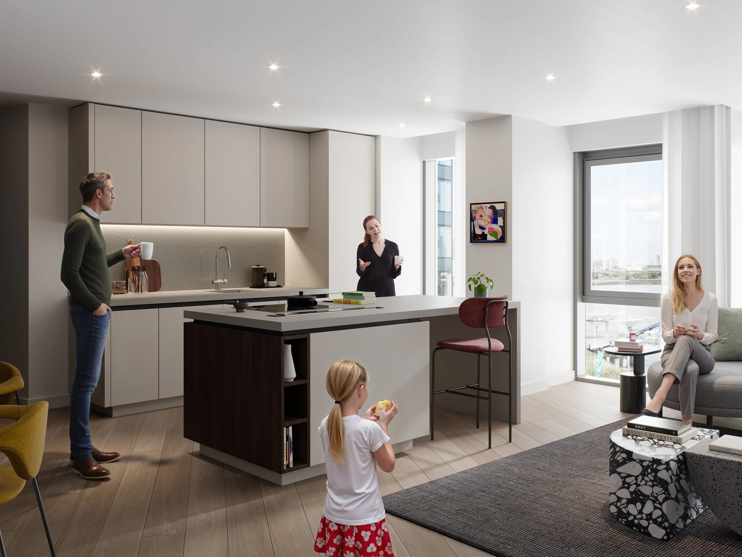 A modern apartment living room with an open kitchen, three women, a man, and a young girl. One woman is talking near the kitchen, a woman is seated on a gray sofa near large windows, and the man is standing with a mug in hand. The girl is eating a snack near the kitchen, and another woman is sitting on the sofa holding a phone. The room has light wood flooring, a black and white coffee table, colorful chairs, and artwork on the wall.