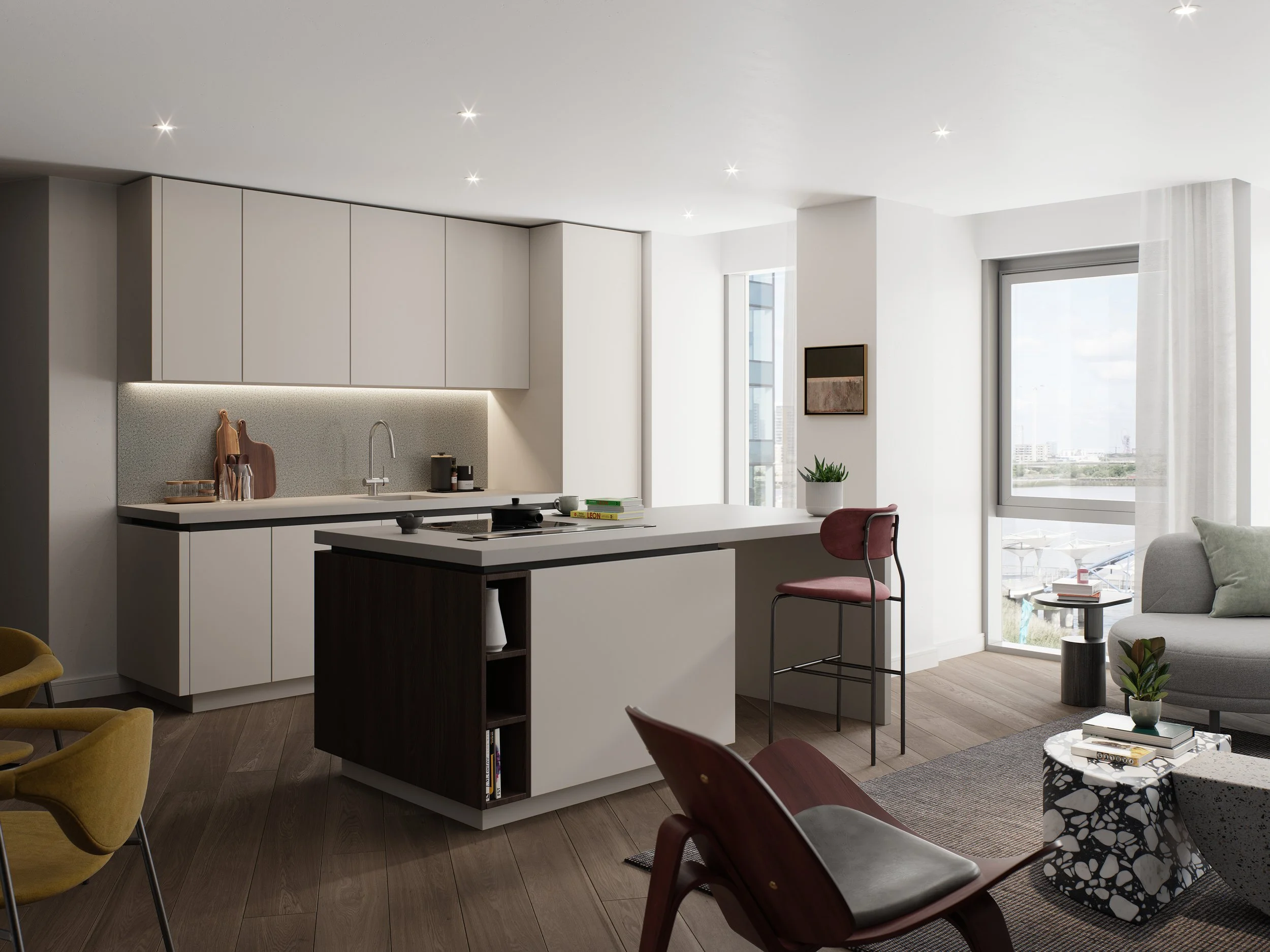 Modern open-concept living room and kitchen with large windows, white cabinetry, a kitchen island, and contemporary furniture.