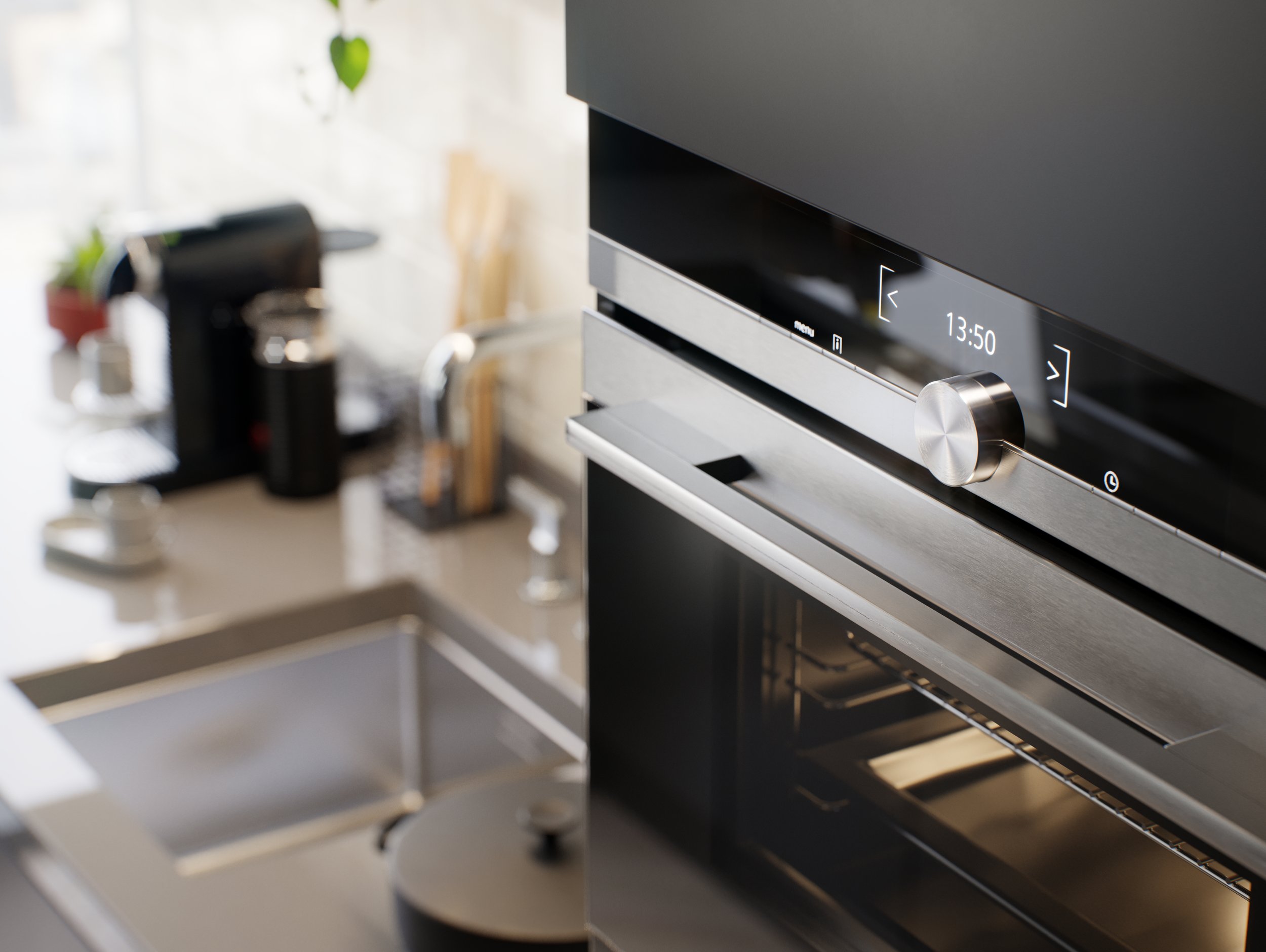 Close-up of a modern kitchen oven with a digital display showing 13:50, a control knob, and an open oven door, with kitchen items blurred in the background.