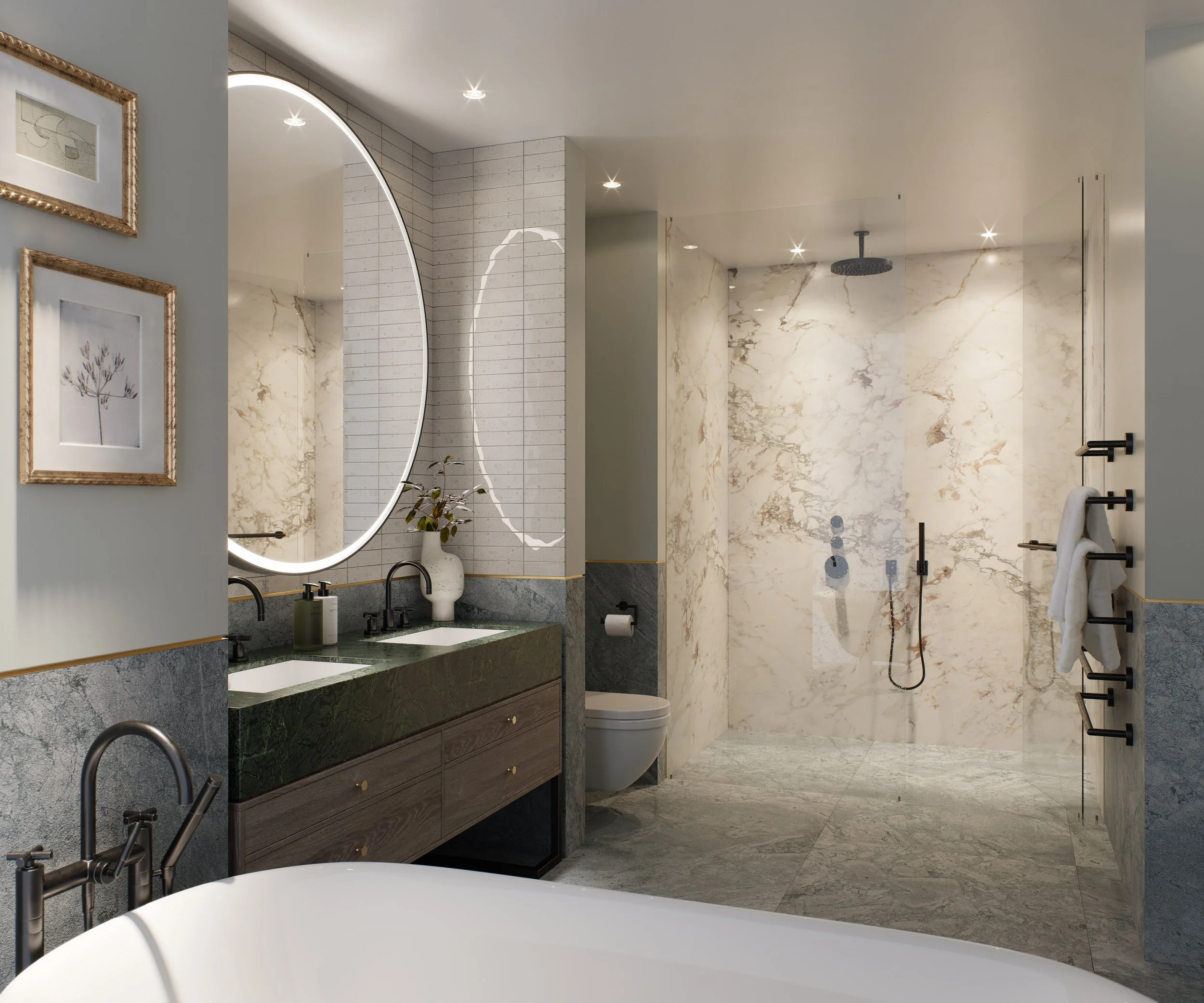 Modern bathroom with double vanity, large illuminated mirror, marble walls and floor, walk-in shower, and wall-mounted toilet