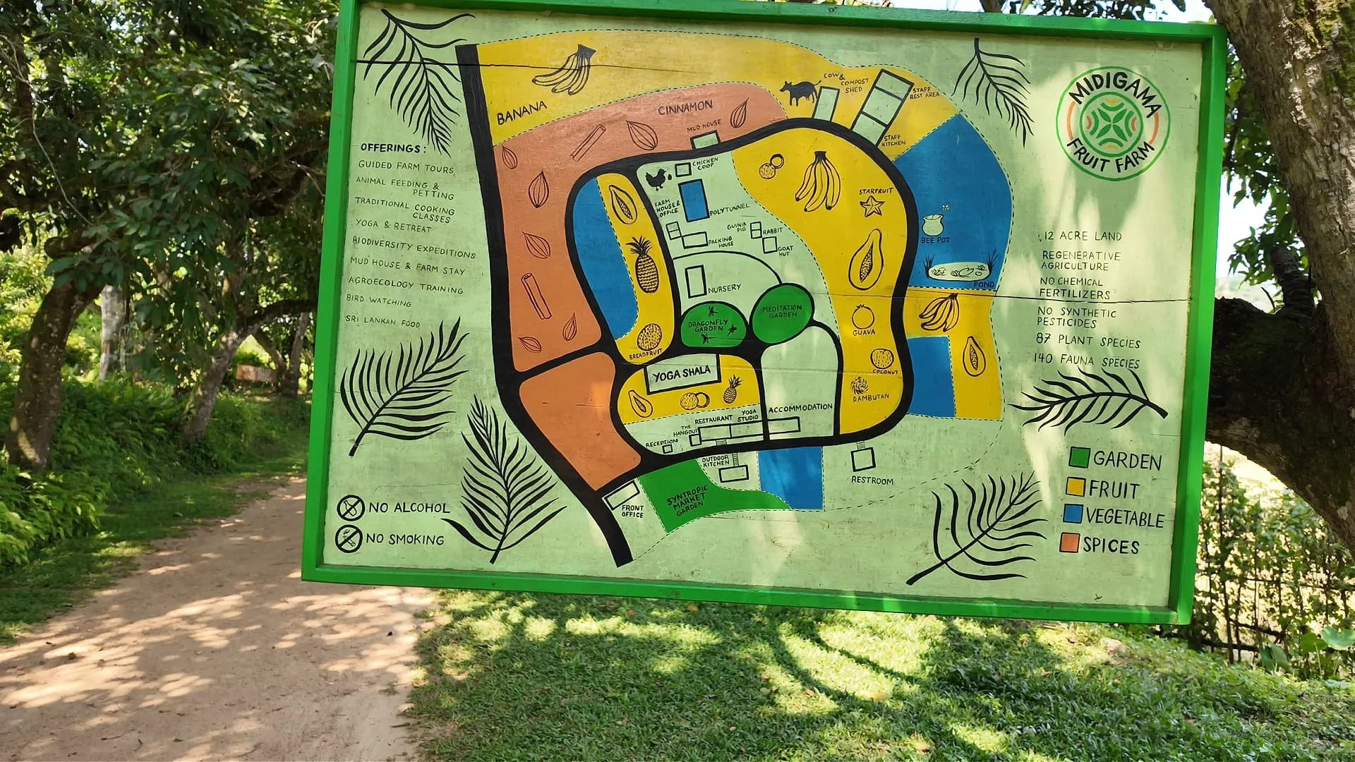 A map of midigama fruit farm showing where they grow spices, garden, fruit en vegetables as well as yoga shala, the chickens and the polytunnel