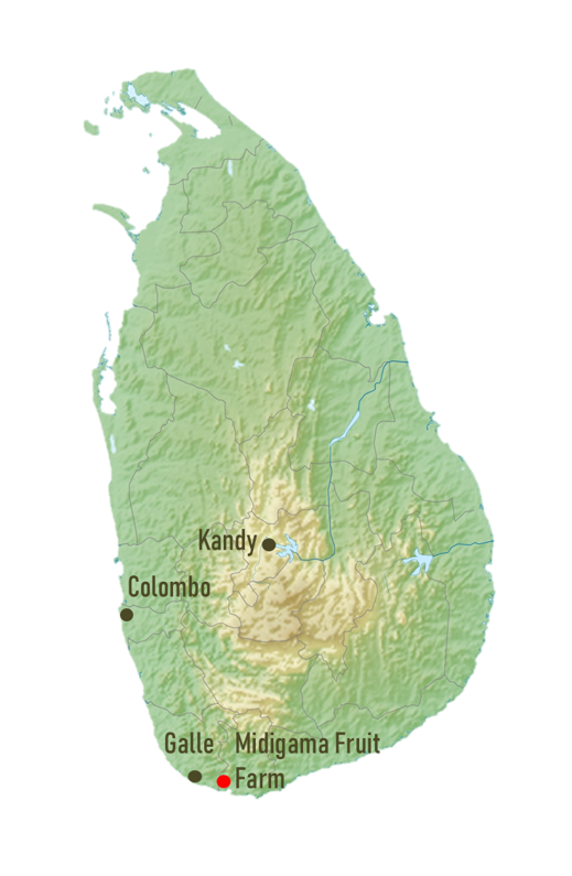 Sri Lankan map showing the location of Midigama fruit farm