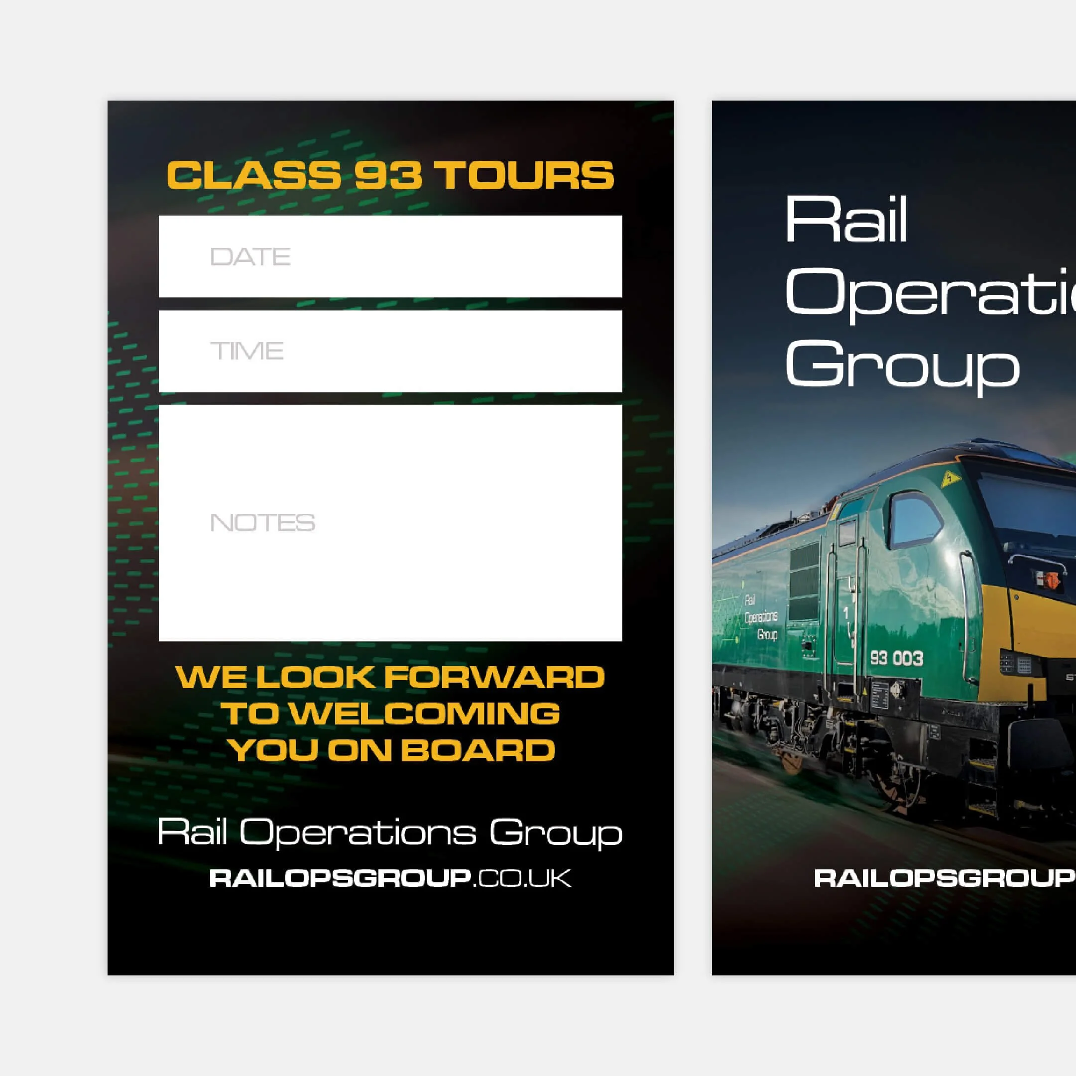 A promotional flyer for Class 93 Tours by Rail Operations Group featuring a high-speed train and sections for date, time, and notes.