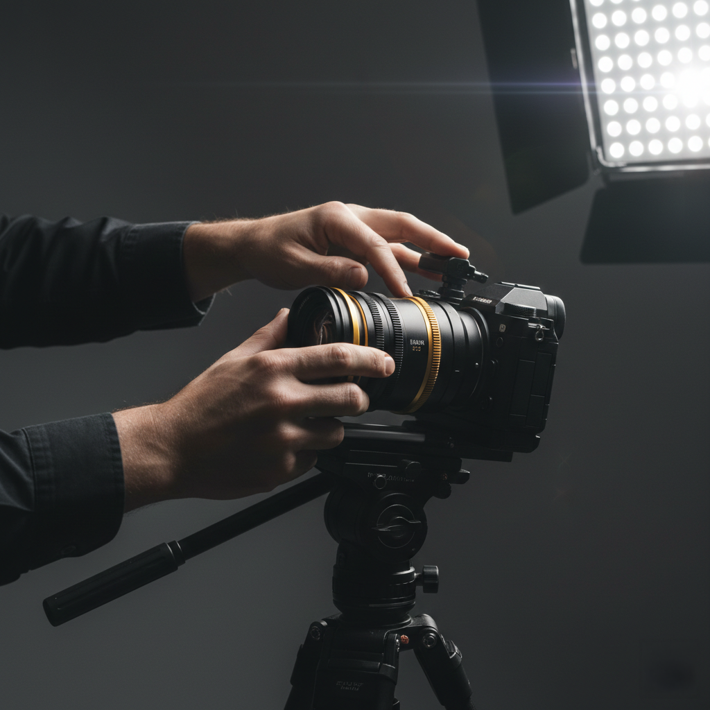 A person adjusting a professional camera mounted on a tripod, with bright lighting equipment on the right side.