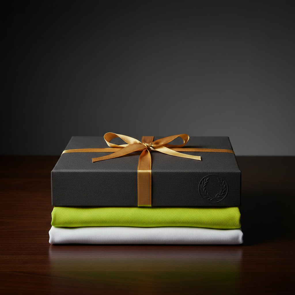 A gift box with a brown ribbon on top, placed on two folded shirts, one green and one white, on a wooden surface.